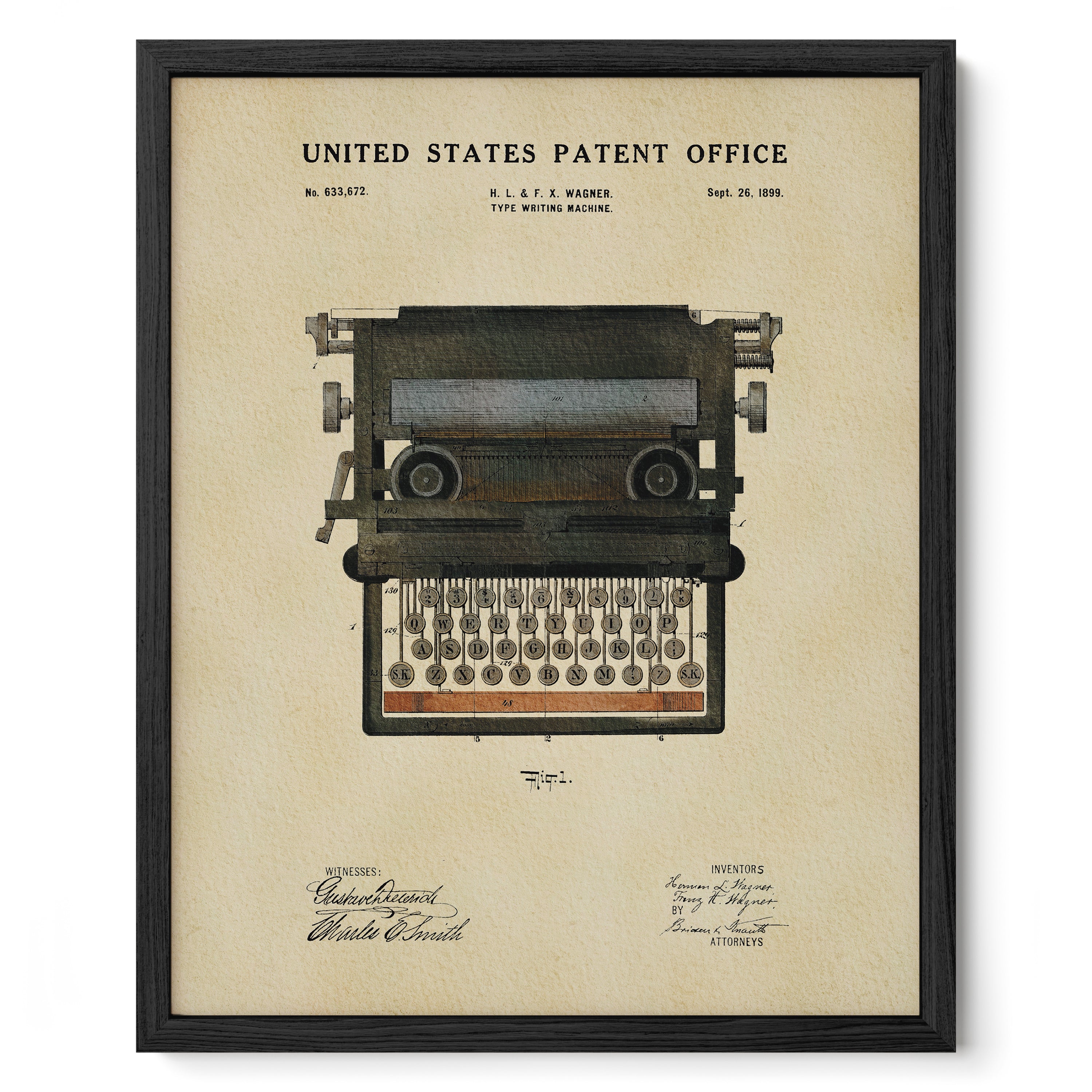 The image is a framed patent drawing of a typewriter, depicting the design and features of the device.