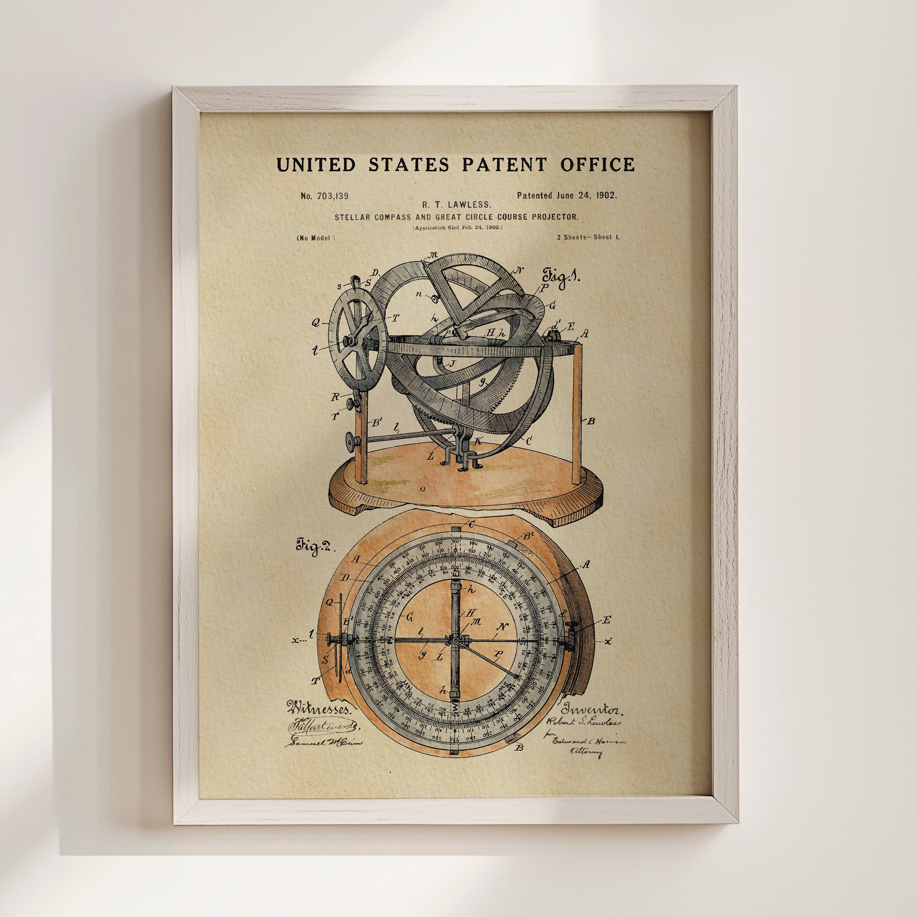 The image is a framed patent drawing depicting a mechanical device with a compass and a star.