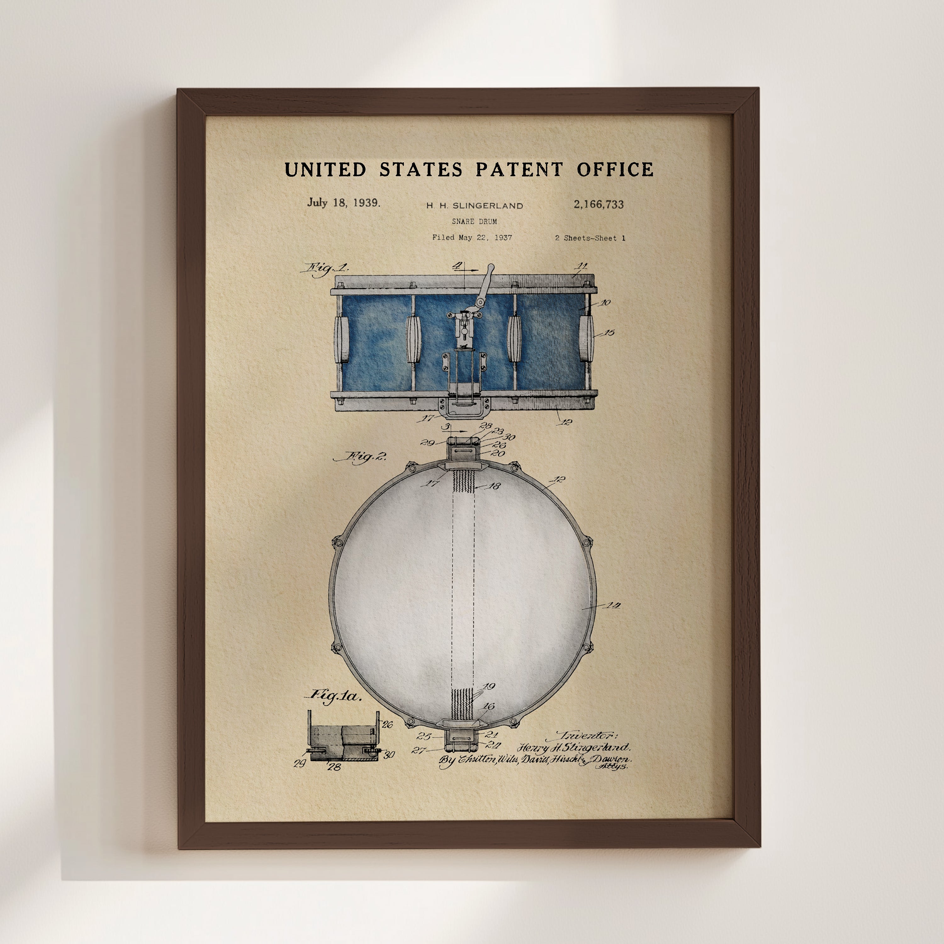 The image is a framed patent drawing depicting a drum set, with detailed technical drawings and specifications.