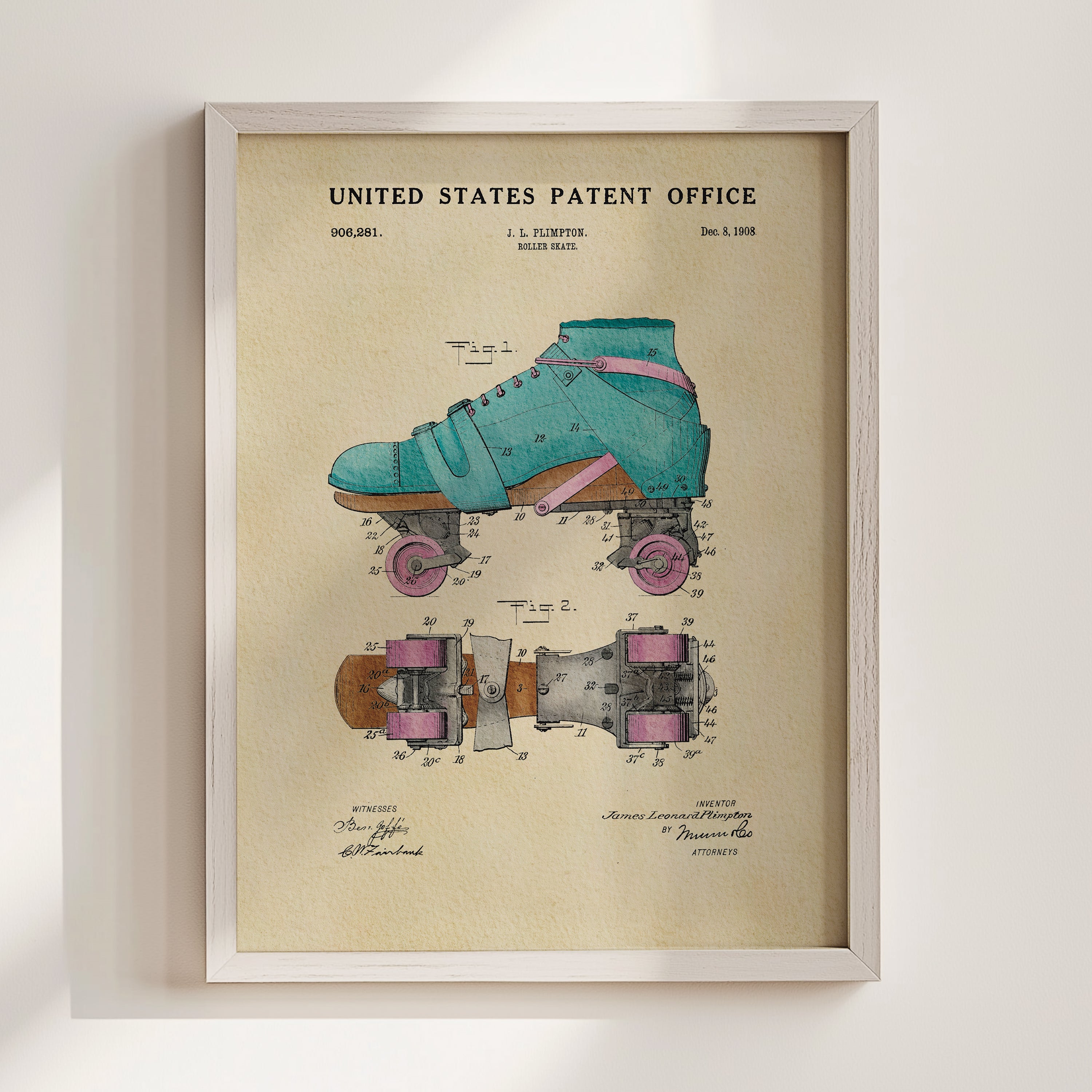 The image is a framed patent drawing of a roller skate, depicting the design and features of the skateboard.