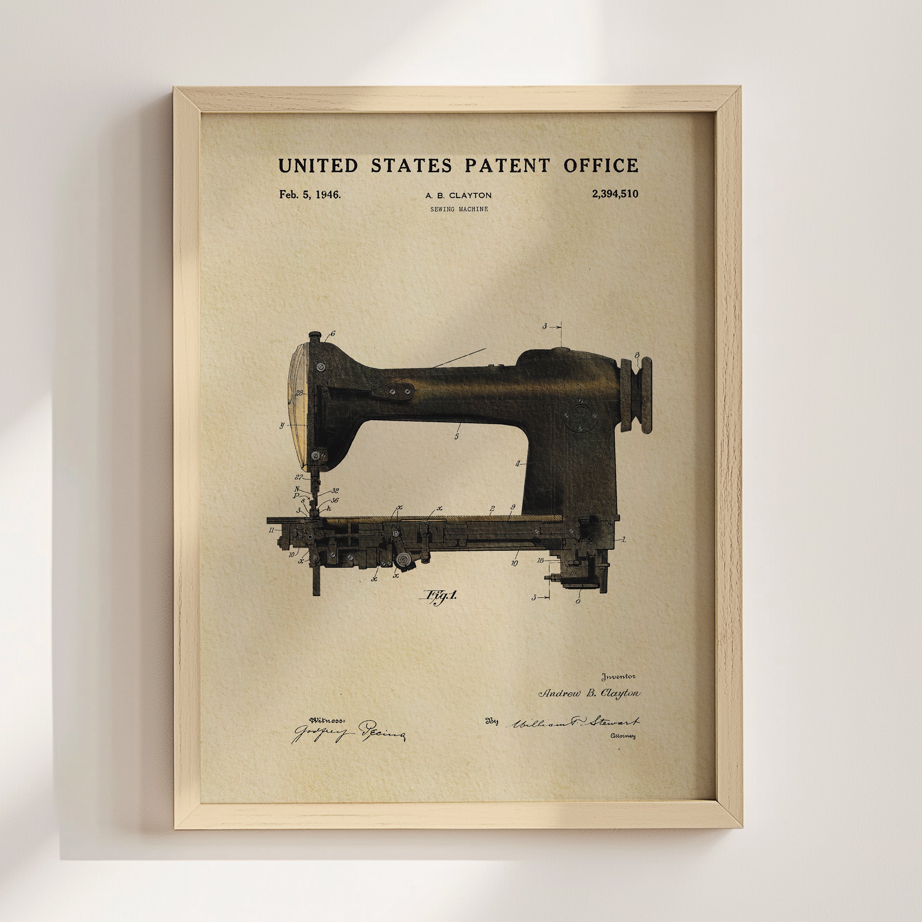 The image is a framed patent drawing of a sewing machine from the United States Patent Office, dated February 5, 1916.