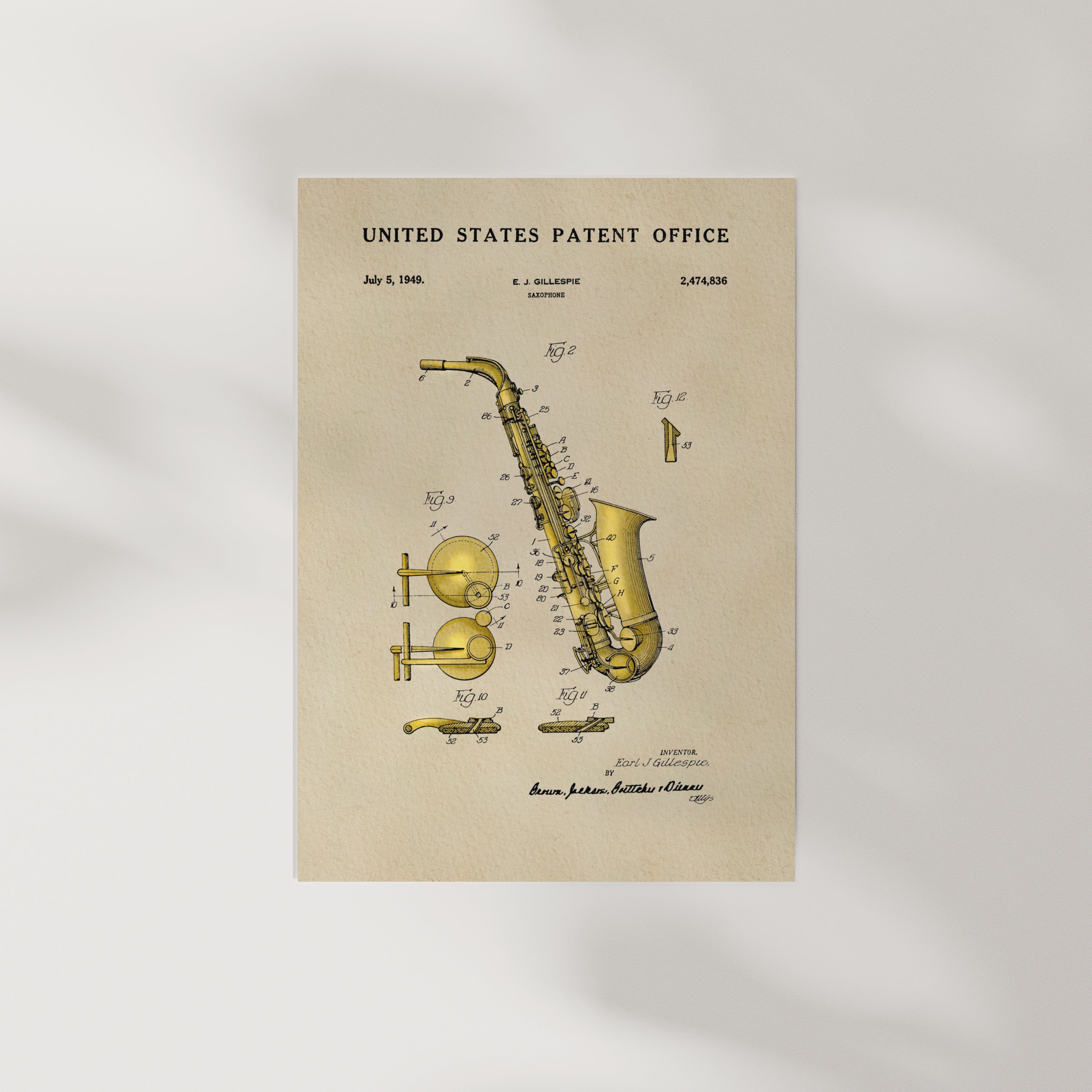 The image is a vintage patent drawing of a saxophone, depicting the instrument in a detailed and technical manner.
