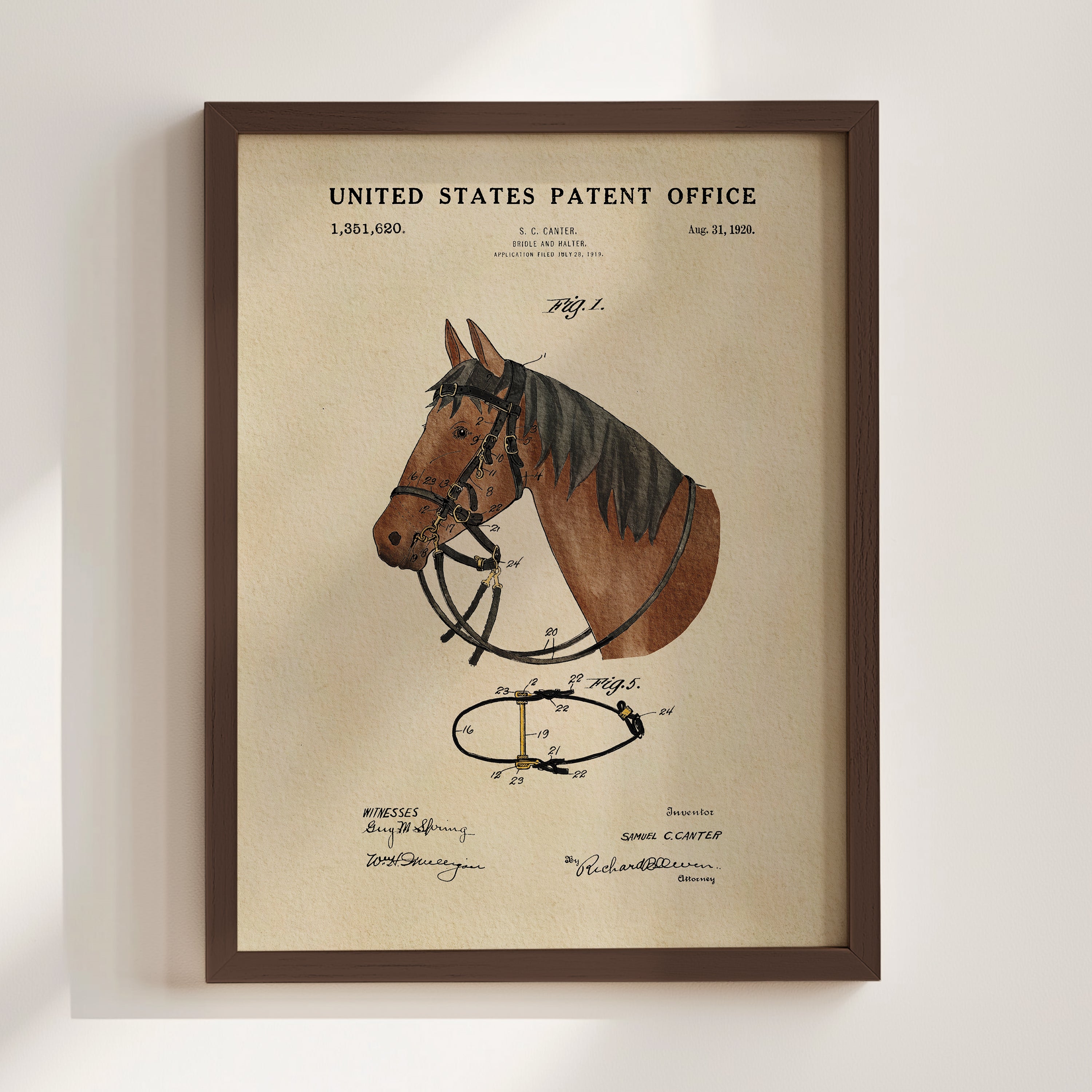 The image is a framed patent drawing of a horse, depicting its head and harness.