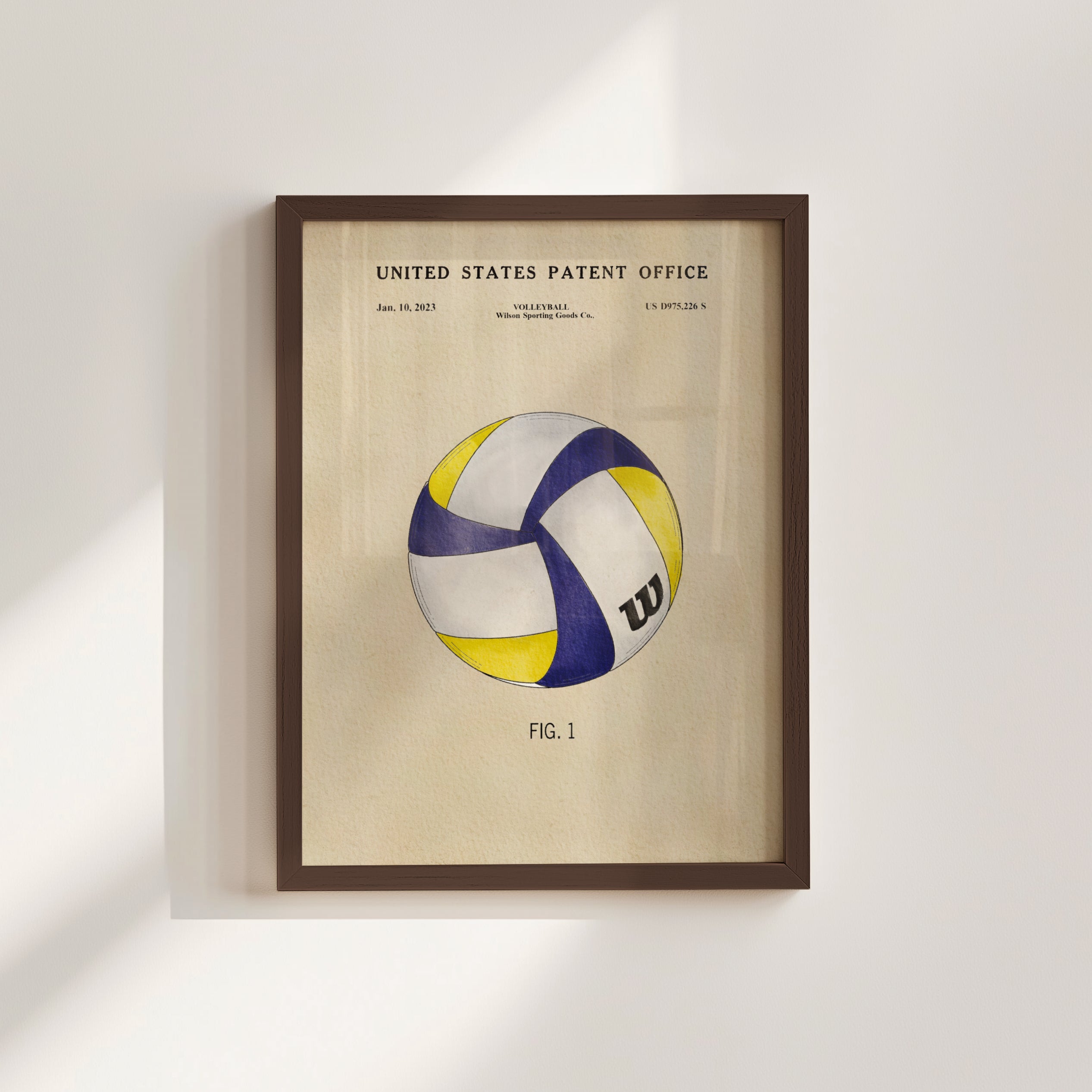 The image is a framed print of a volleyball patent from the United States Patent Office, dated January 19, 2013, with a W Wilson logo on the ball.
