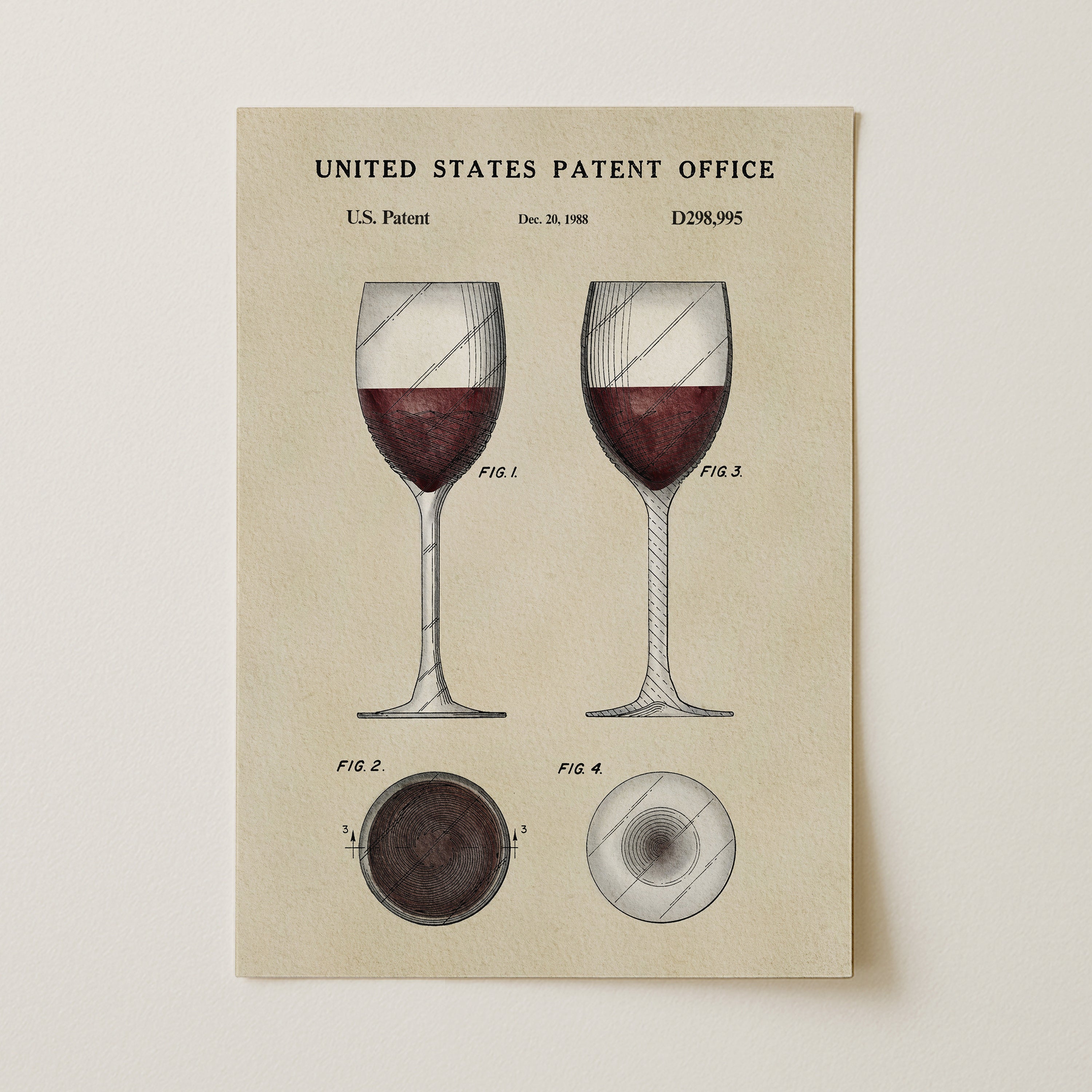 The image is a patent drawing of two wine glasses, one with a red liquid and the other with a clear liquid. The drawing includes technical drawings and text indicating the United States Patent Office and the date of December 20, 1988.