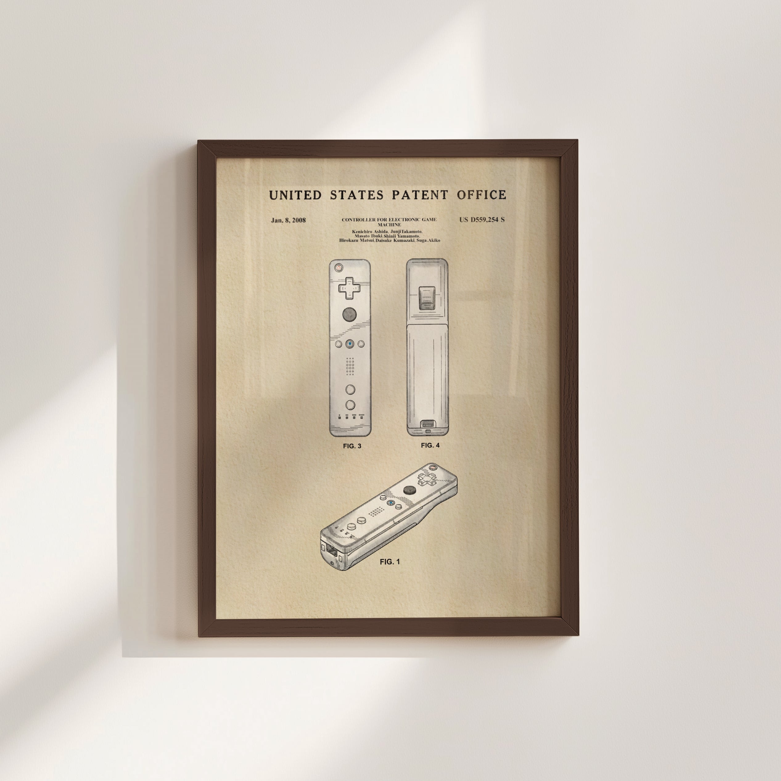 The image is a framed patent drawing of a Wii remote, depicting the design and features of the Wii remote in the United States Patent Office.