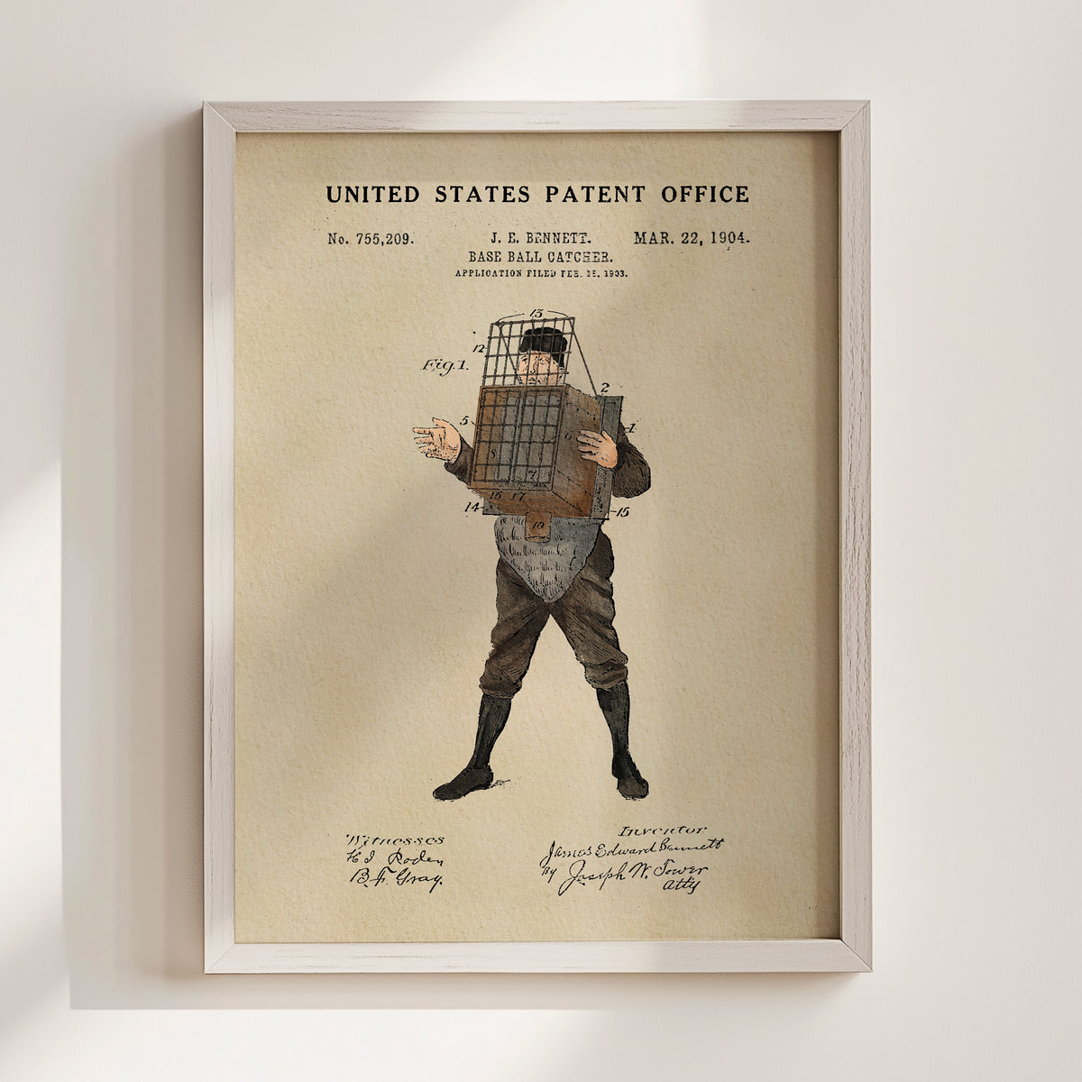 The image is a framed print depicting a baseball catcher from the early 20th century, with a detailed illustration of the catcher's equipment and attire.