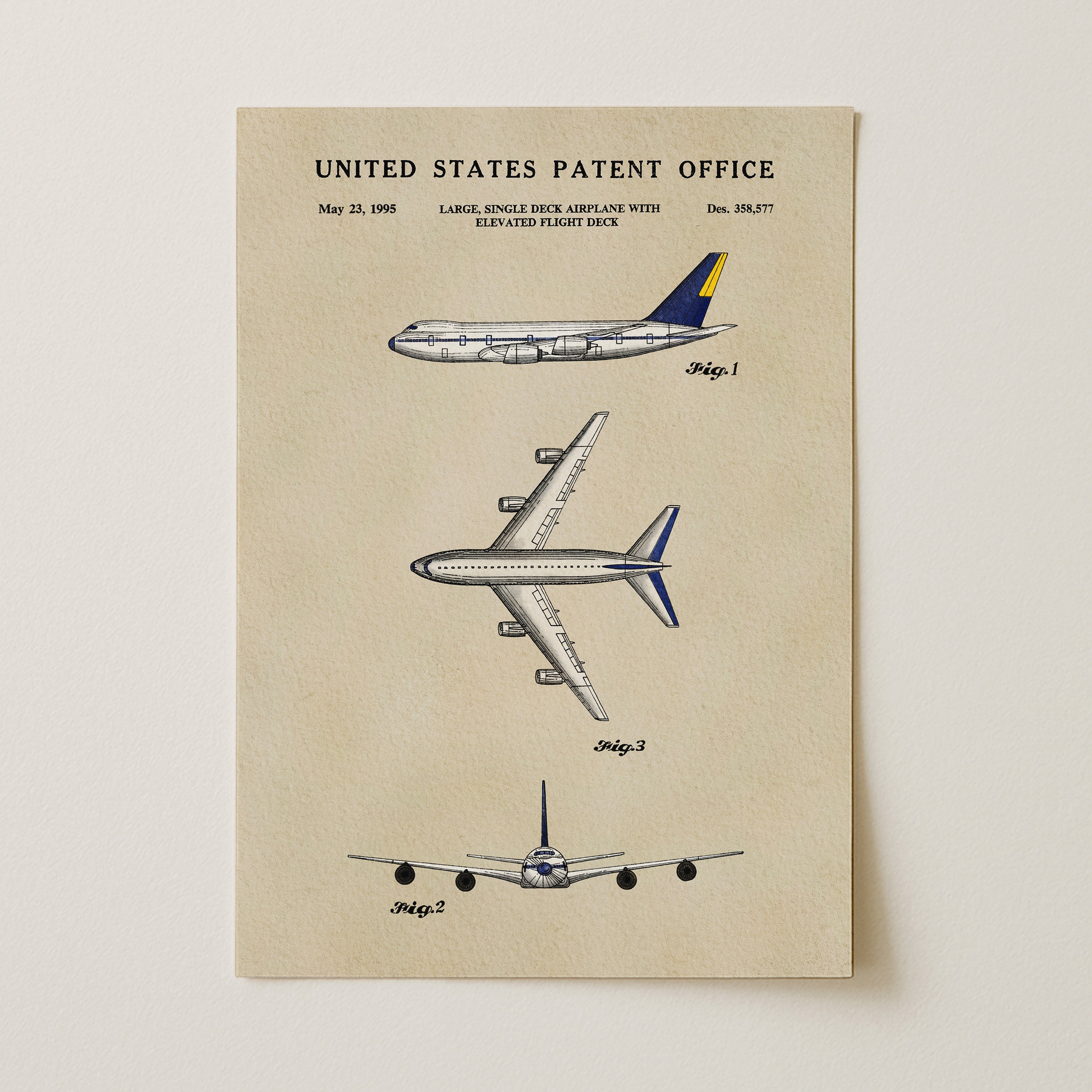 The image is a patent drawing of a large single-engine flight deck with an elevator, depicting three different designs of airplanes.