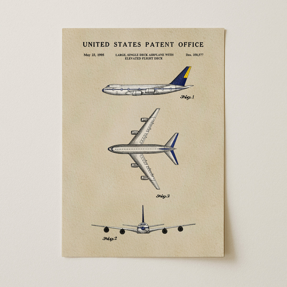 The image is a patent drawing of a large single-engine flight deck with an elevator, depicting three different designs of airplanes.
