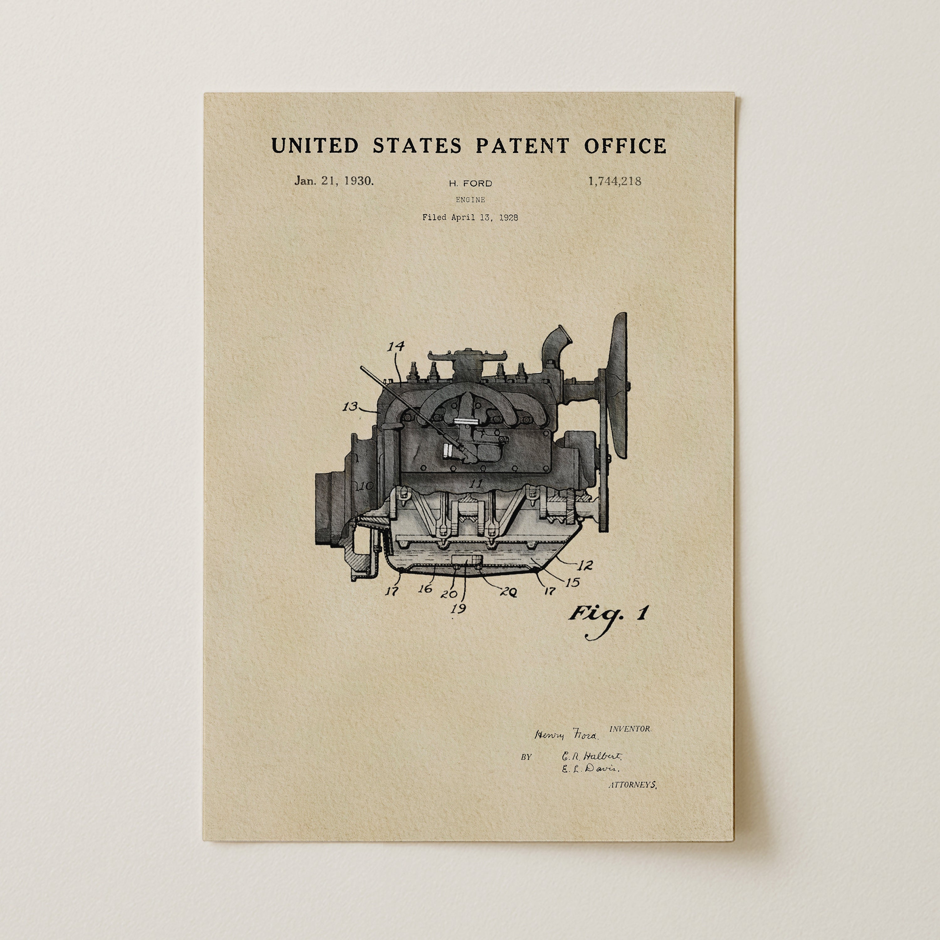 The image is a printed page from the United States Patent Office, featuring a detailed technical drawing of an engine or machine.