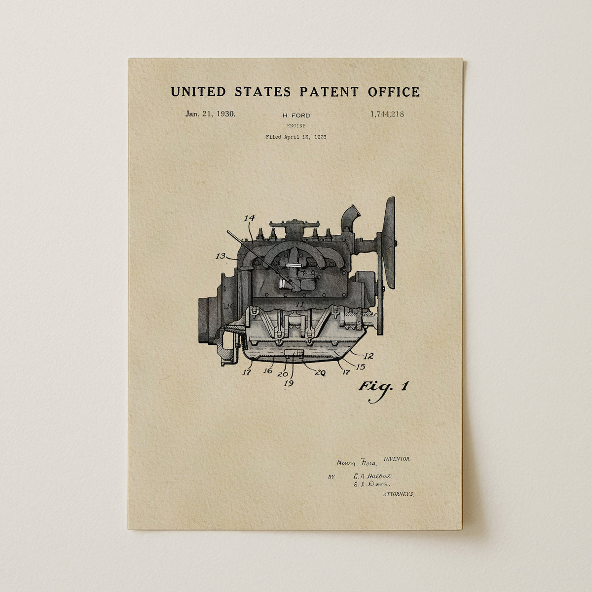 The image is a printed page from the United States Patent Office, featuring a detailed technical drawing of an engine or machine.