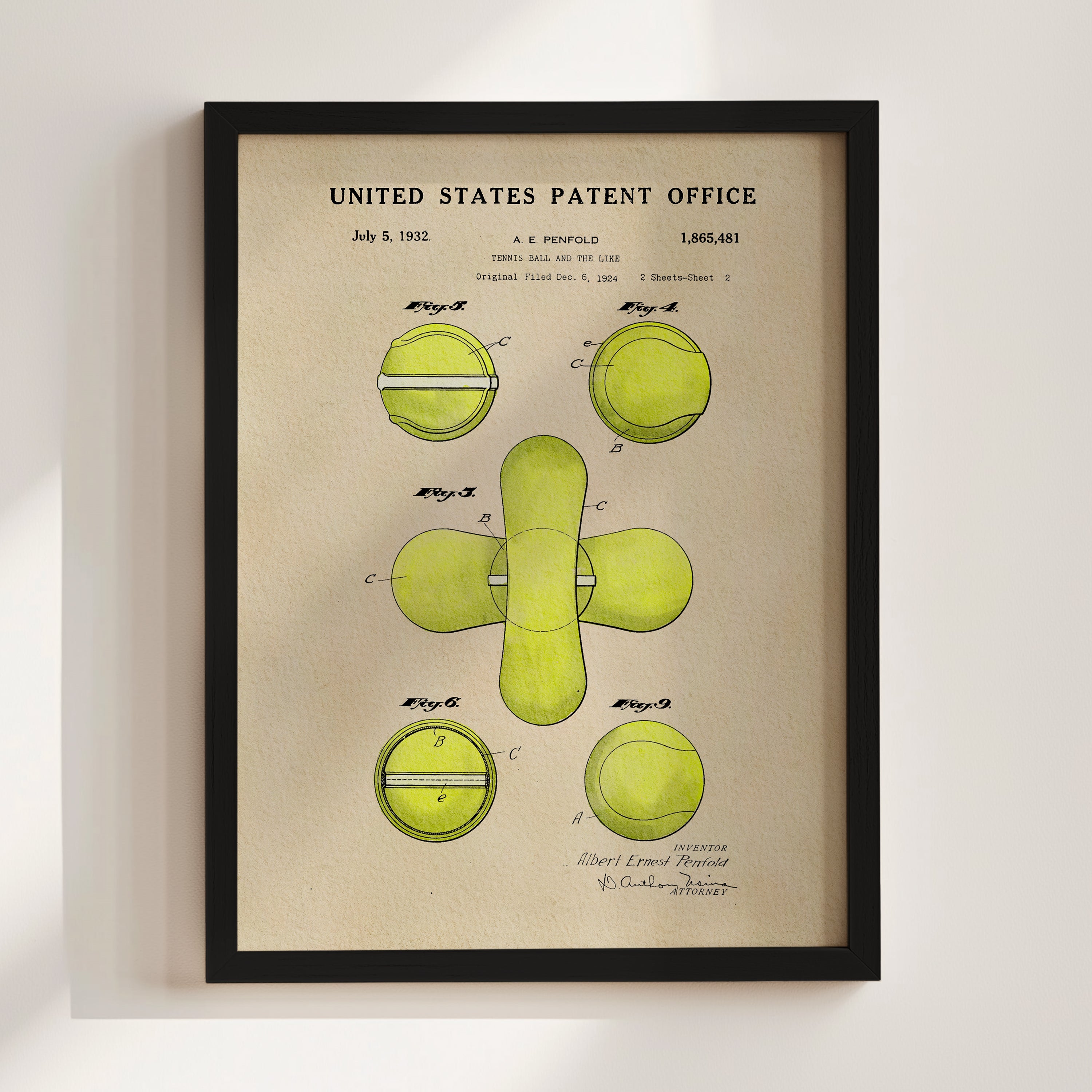 The image is a framed patent drawing depicting a tennis ball and racket.