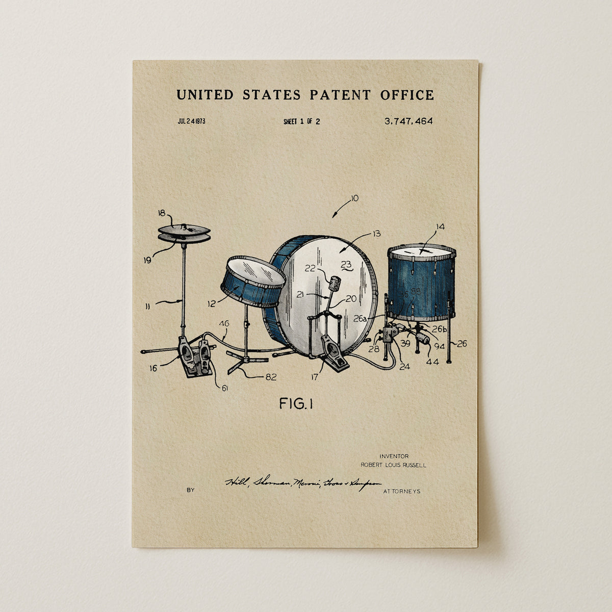 The image is a patent drawing of a drum set, depicting various parts and components of the drum set in a technical drawing style.