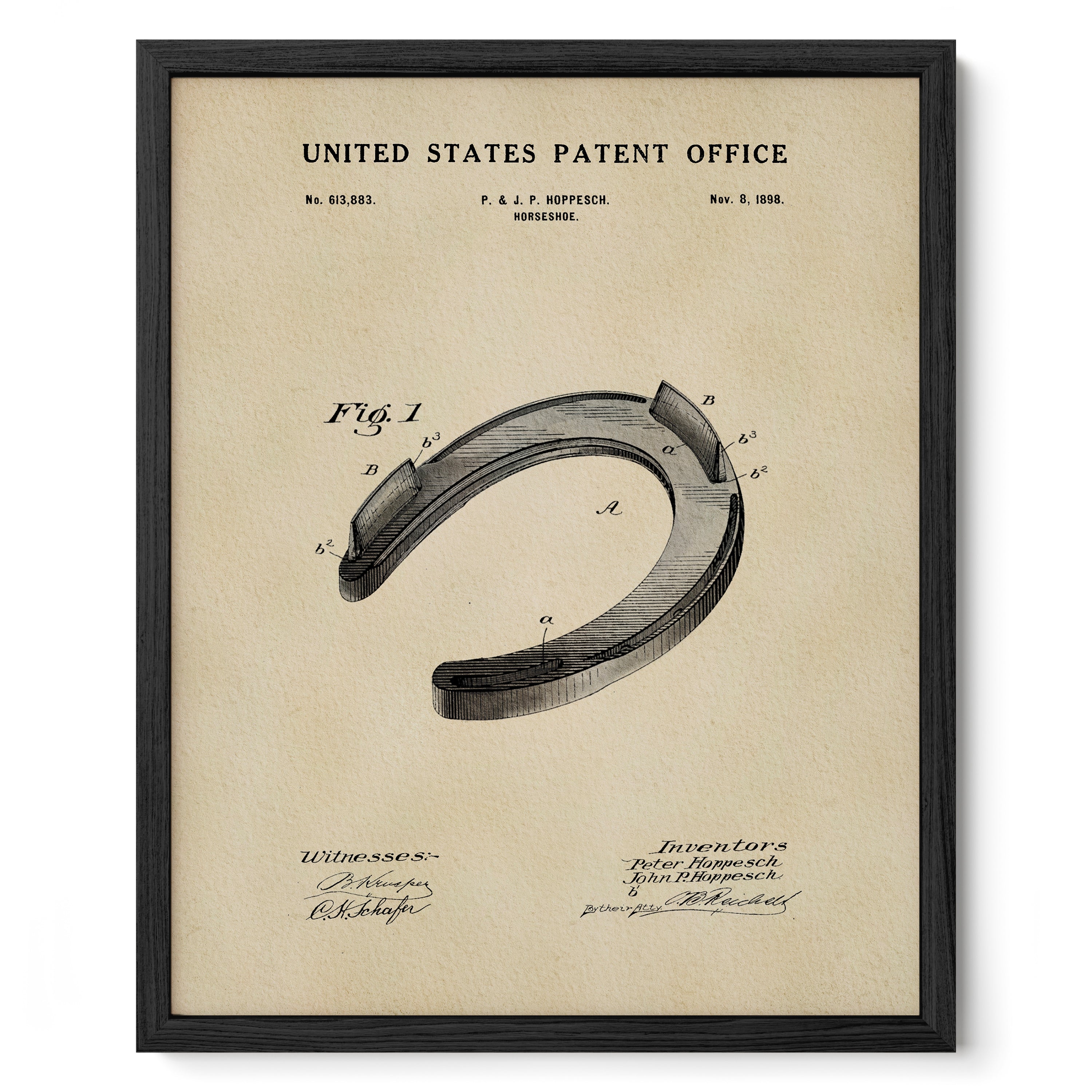 The image is a framed patent drawing from the United States Patent Office, depicting a horseshoe with detailed technical drawings and annotations.