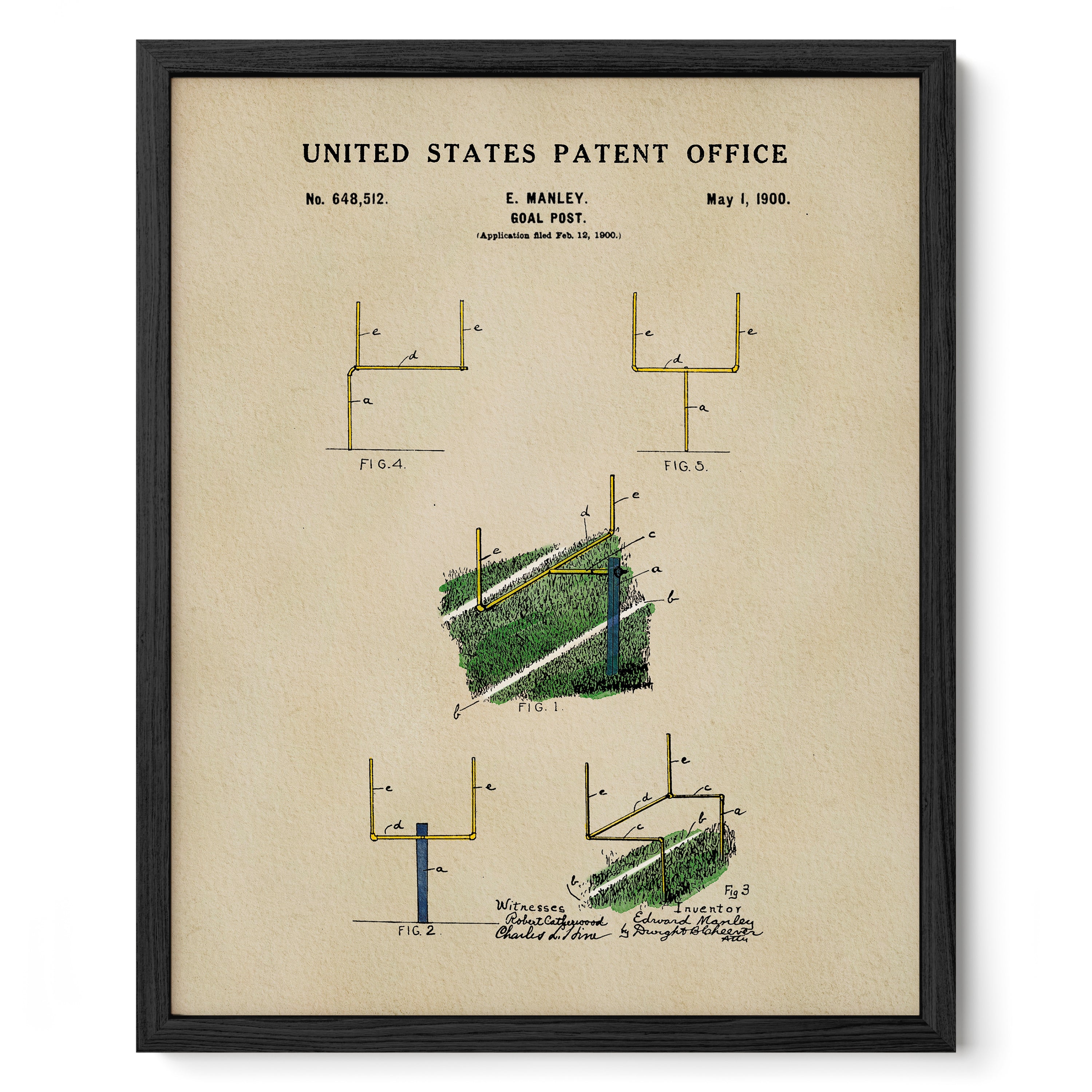 The image is a framed print of a United States patent office patent from 1900, featuring a detailed illustration of a football field with various elements such as goalposts, field markings, and other football-related features.