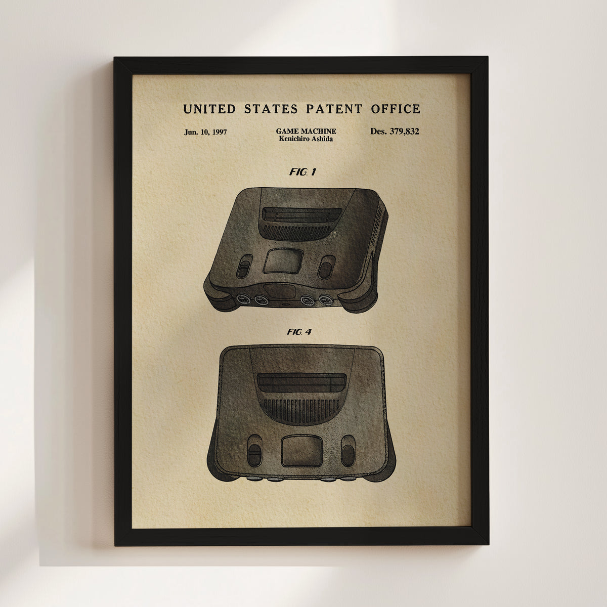 The image is a framed patent drawing of a game machine, specifically the Kenmore Ashida console, dated June, 10, 1997.