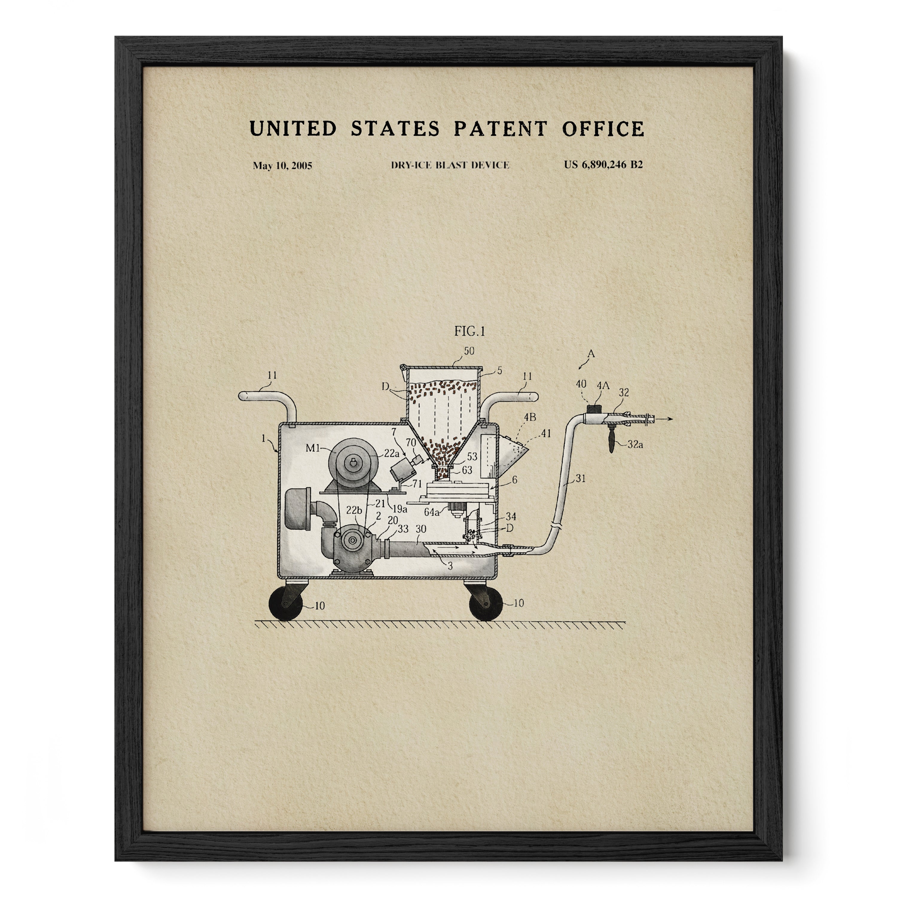 The image is a framed patent drawing depicting a machine or device with various components and parts.