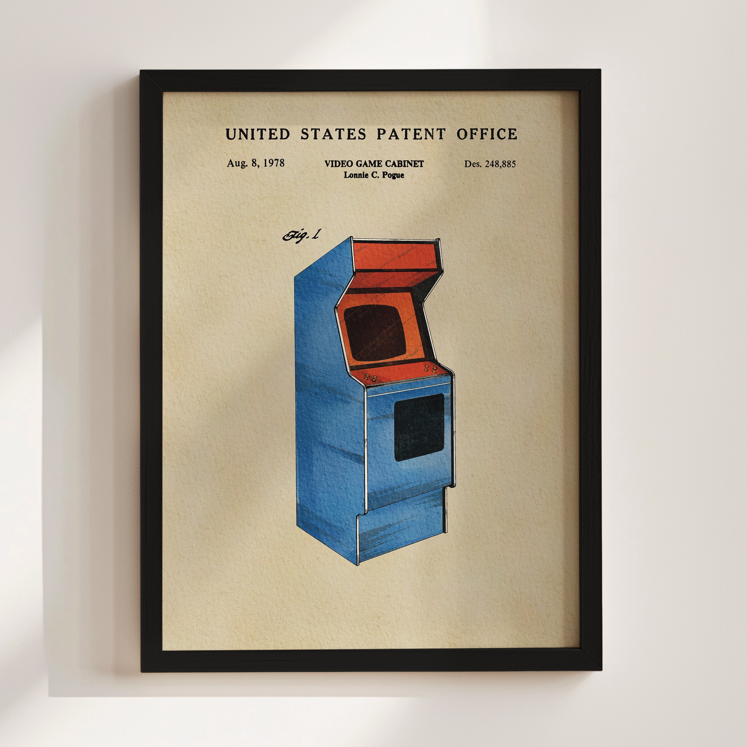 The image is a framed patent drawing of a video game cabinet from the United States Patent Office, dated August 8, 1978.