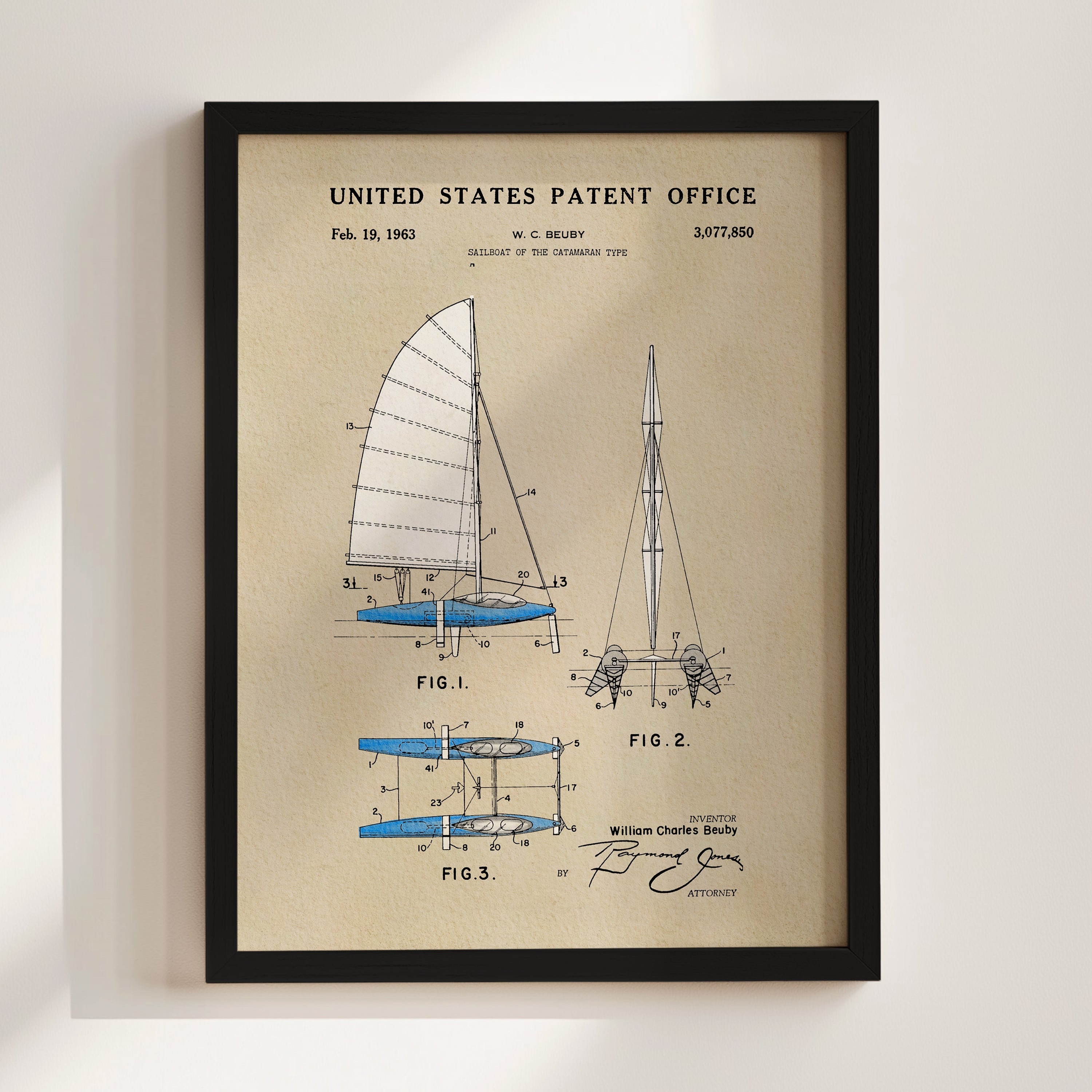 The image is a framed patent drawing of a sailboat, depicting its design and features.