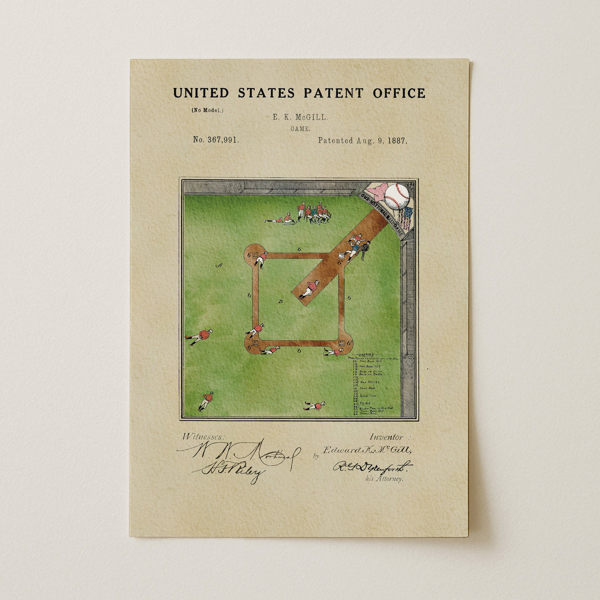 The image is a printed page from the United States Patent Office, featuring an illustration of a baseball field with a baseball bat and ball.