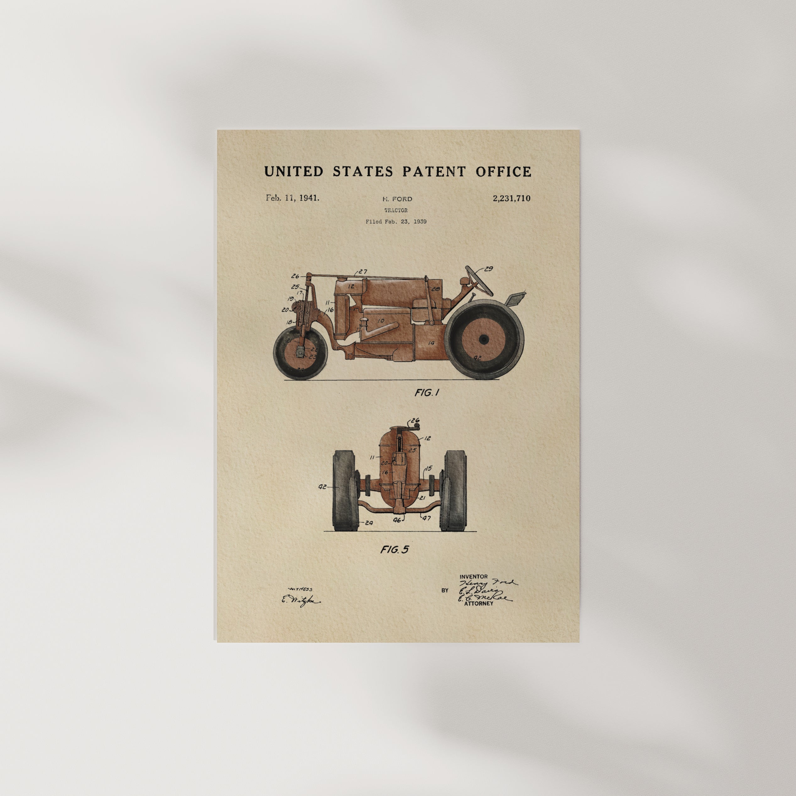 The image is a vintage United States patent office poster featuring a detailed illustration of a tractor from the early 20th century.