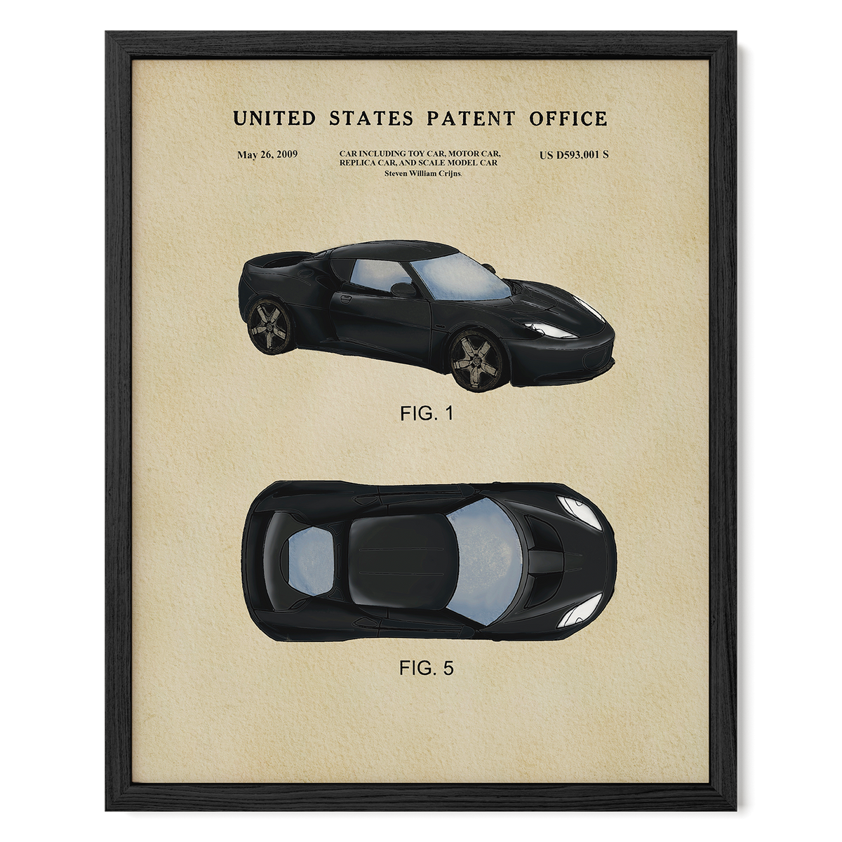 The image is a framed poster featuring a black sports car, likely a Tesla, with two different views of the car's design. The poster is titled "United States Patent Office" and includes the date May 26, 2009, and the US Patent S $9,500,000.