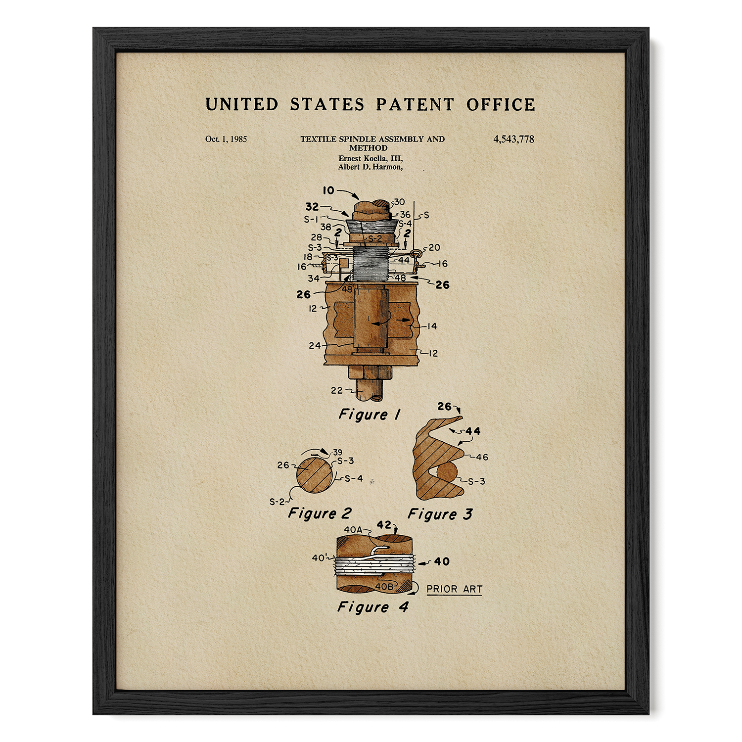 The image is a framed patent drawing from the United States Patent Office, depicting a mechanical device with various labeled parts and figures.