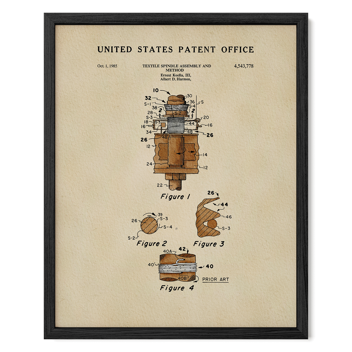 The image is a framed patent drawing from the United States Patent Office, depicting a mechanical device with various labeled parts and figures.