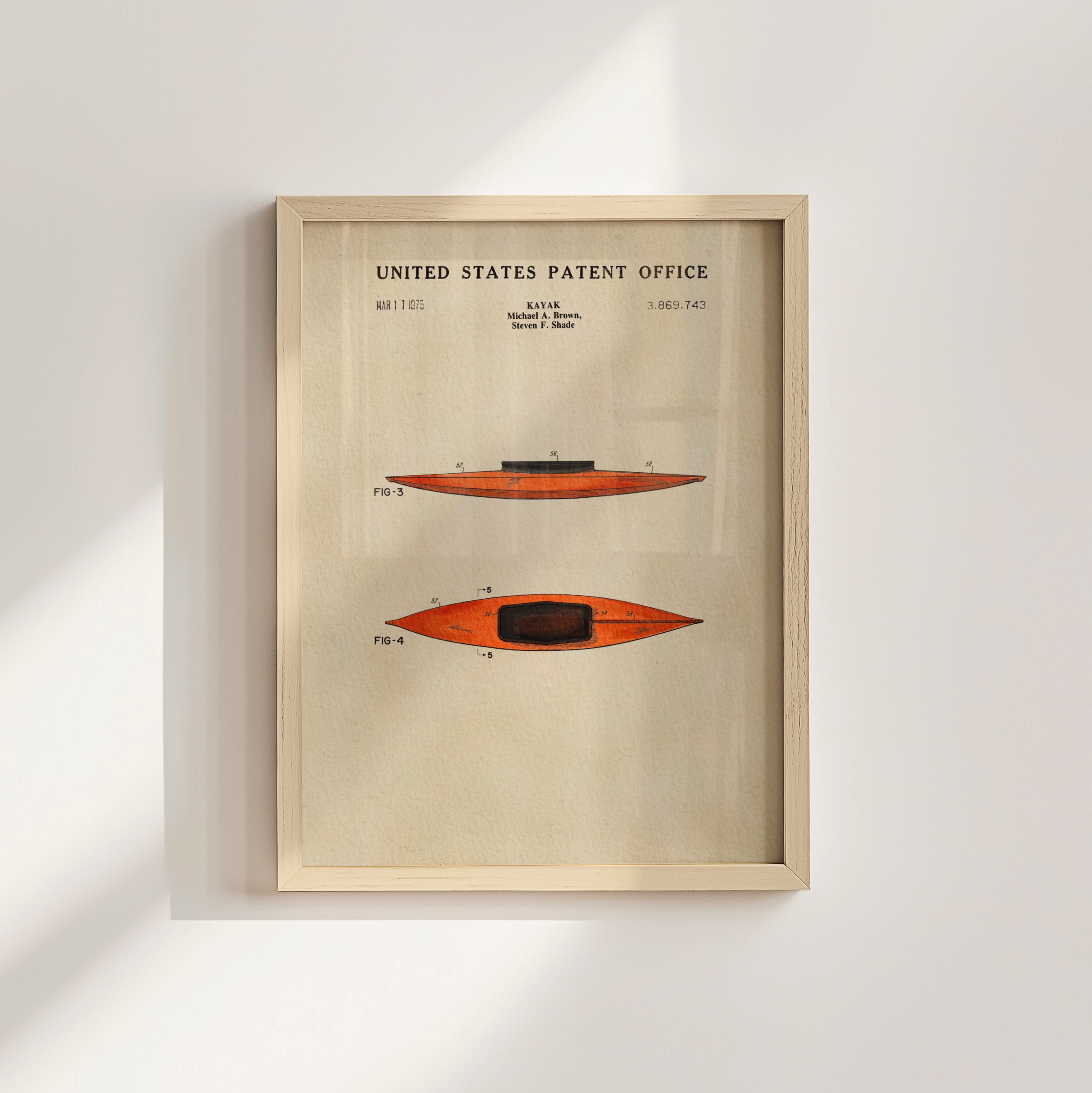 The image is a framed print of a patent drawing of a kayak, depicting two different designs.