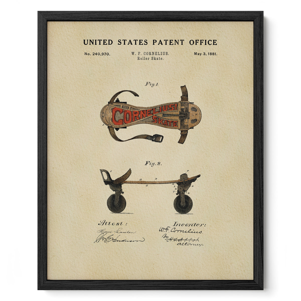 The image is a framed patent drawing depicting a roller skate with a wheeled base, labeled as "Cornerless roller skate" and "W. F. Corneilier. Roller Skate." The drawing also includes a technical drawing of the roller skate and a caption that reads "United States Patent Office, No. 240, 970, May 3, 1981."