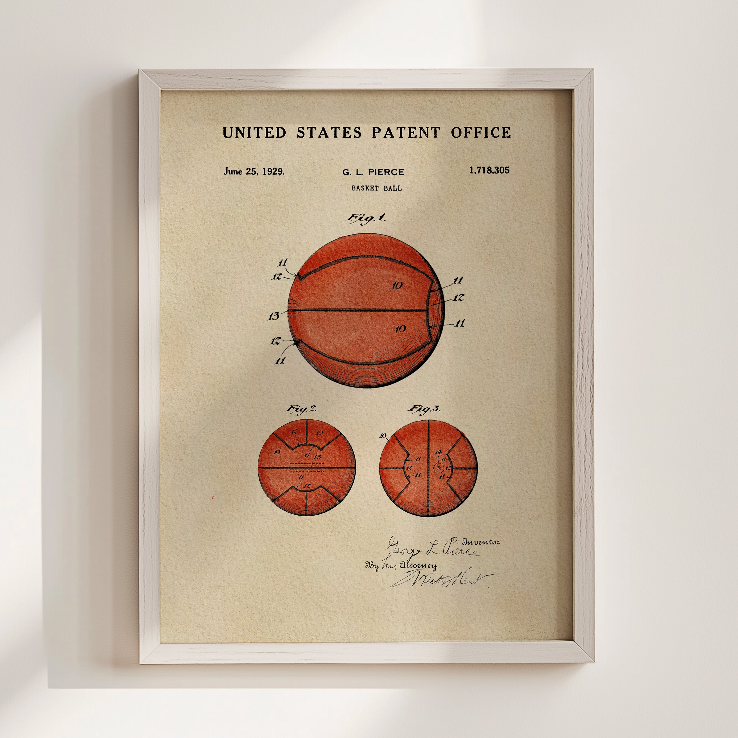 The image is a framed vintage patent drawing of a basketball, depicting the design and features of the ball.