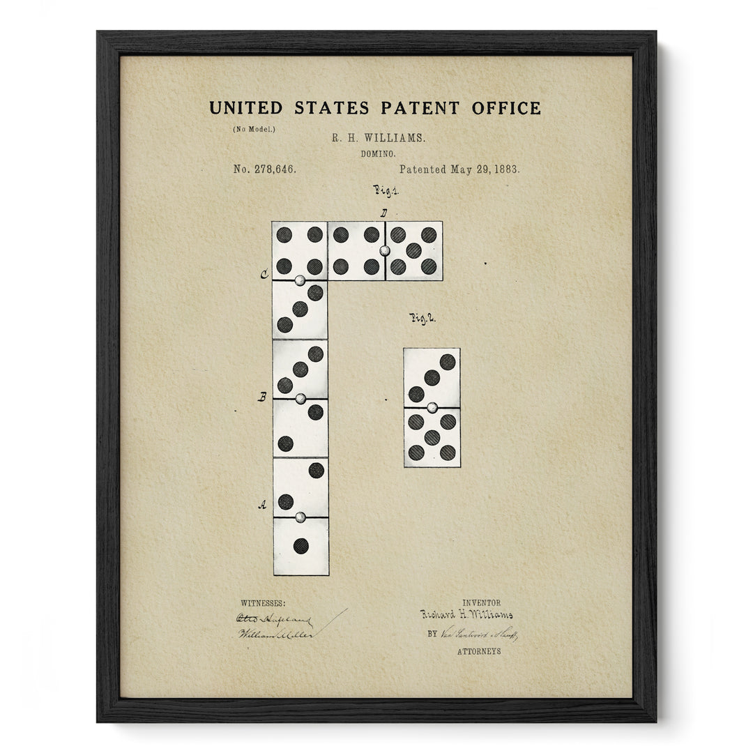 The image is a framed print of a United States patent office patent from 1933, depicting a domino game.