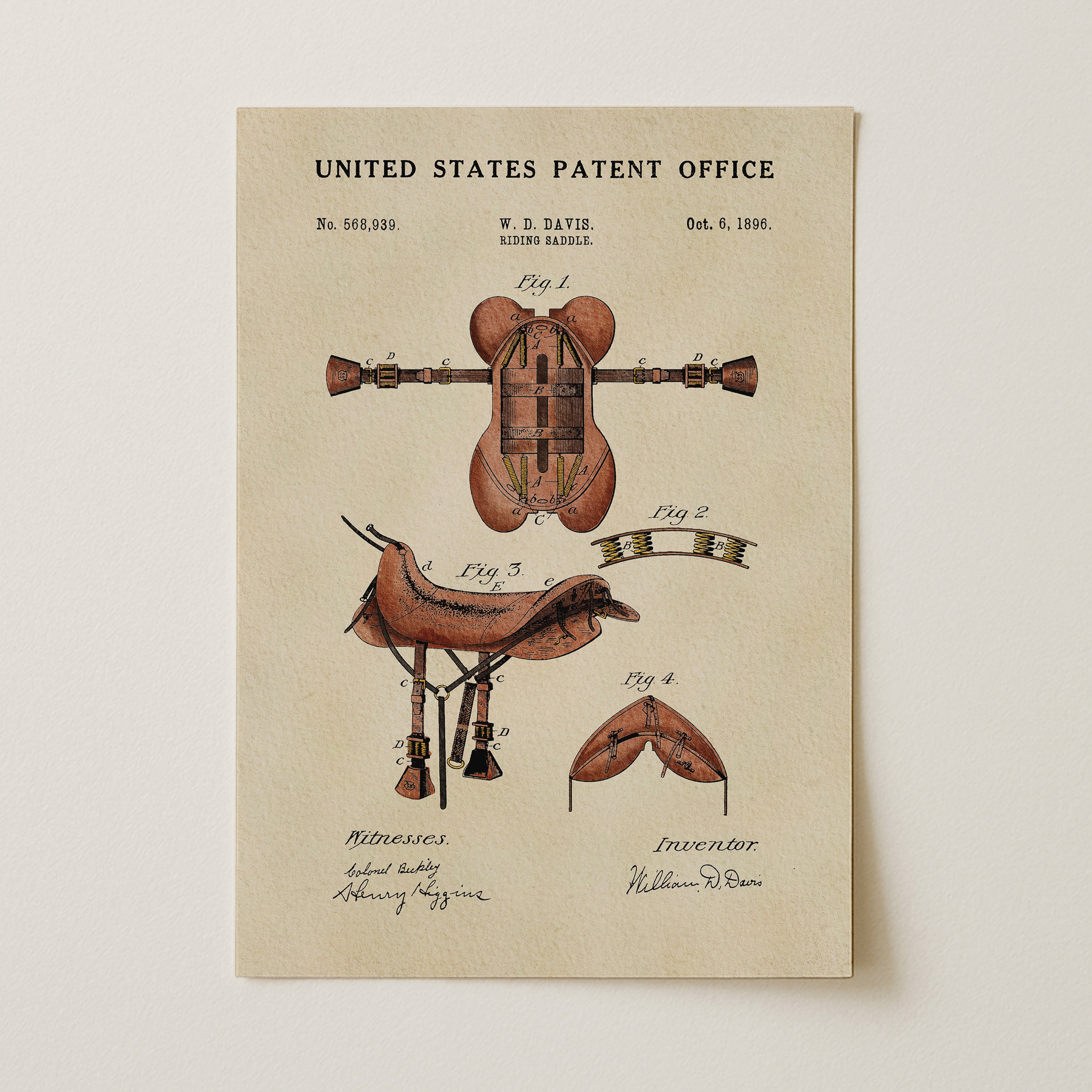 The image is a vintage United States patent office patent drawing depicting an invention, likely a piece of equipment or machinery, with accompanying technical drawings and annotations.