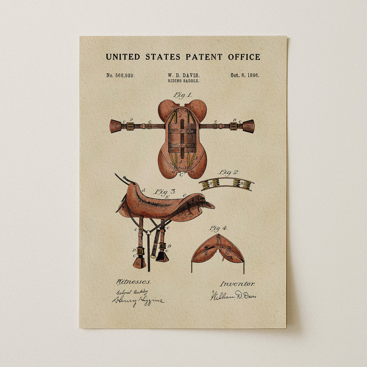 The image is a vintage United States patent office patent drawing depicting an invention, likely a piece of equipment or machinery, with accompanying technical drawings and annotations.