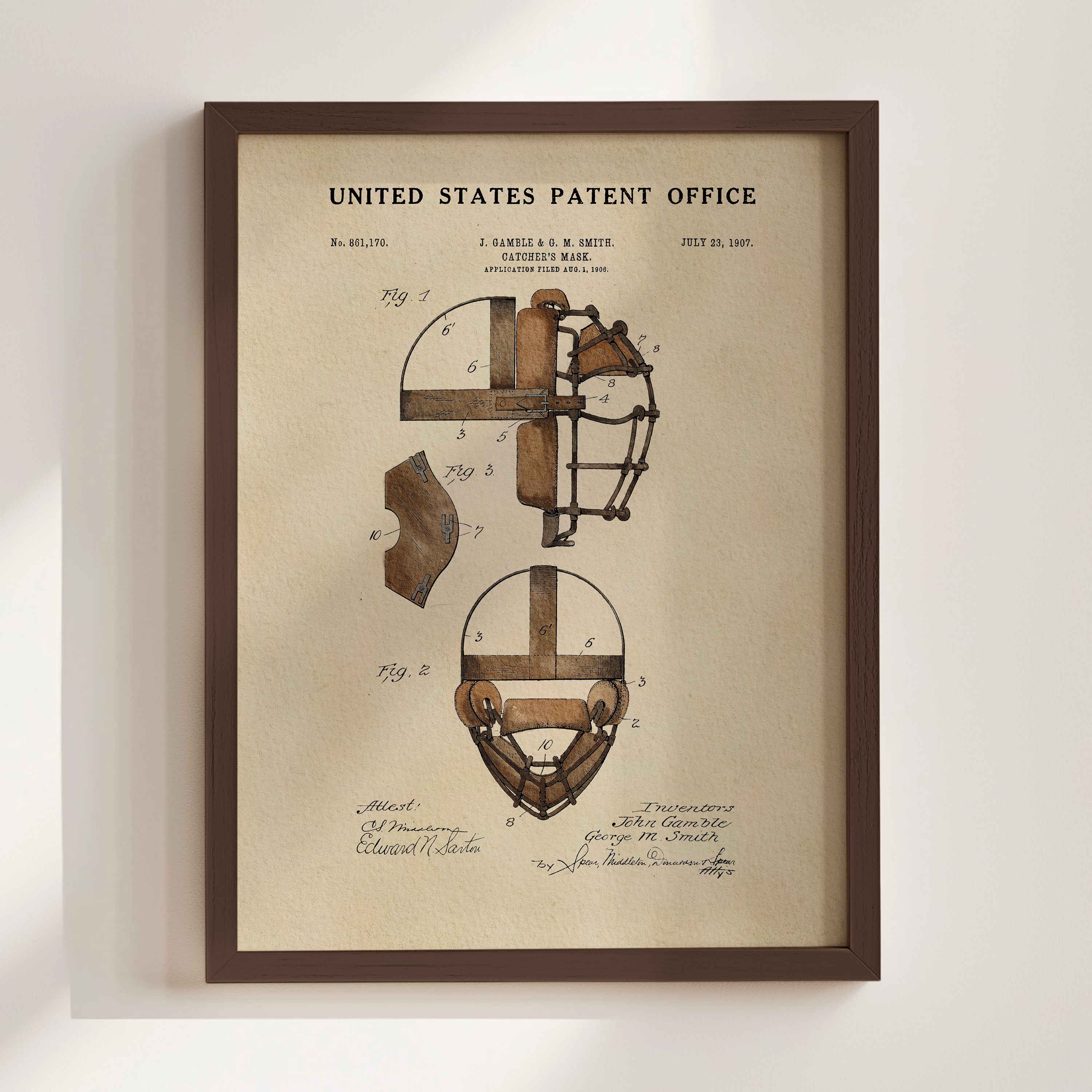 The image is a framed patent drawing depicting a baseball catcher's mask, with detailed technical drawings and annotations.
