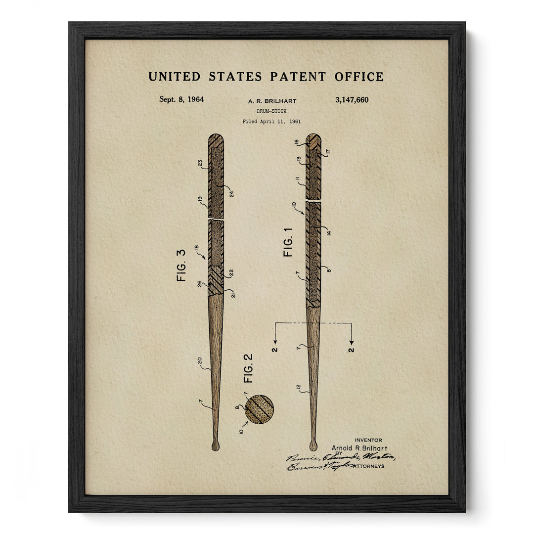 The image is a framed patent drawing of a baseball bat from the United States Patent Office, dated September 8, 1964.