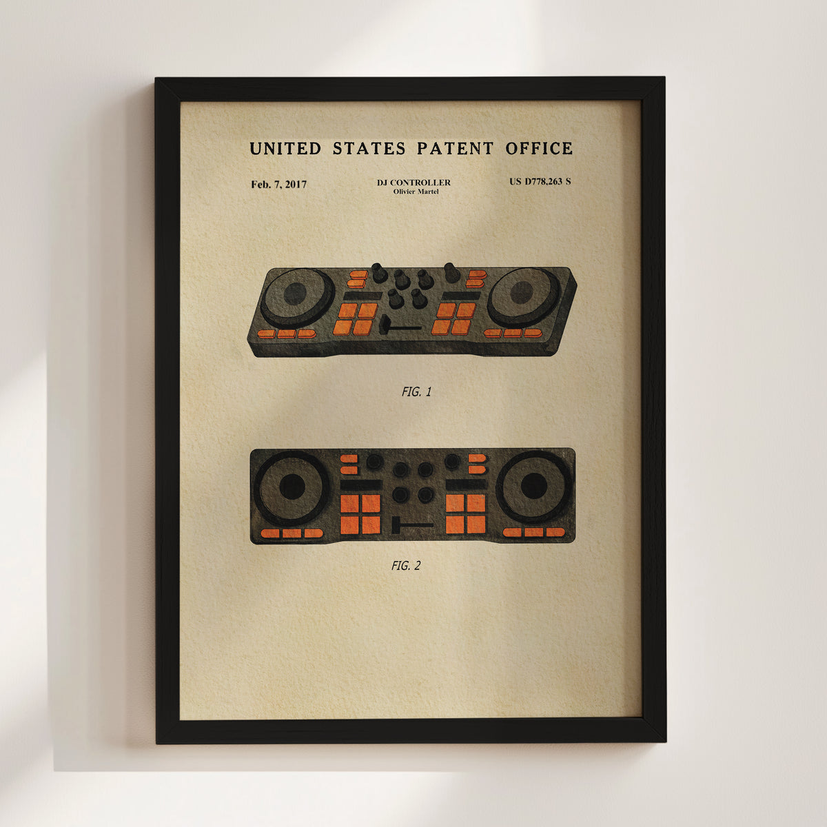 The image is a framed print of a United States patent office patent from February 7, 2017, titled "DJ Controller". It features two illustrations of a DJ controller, one with a circular design and the other with a rectangular design.