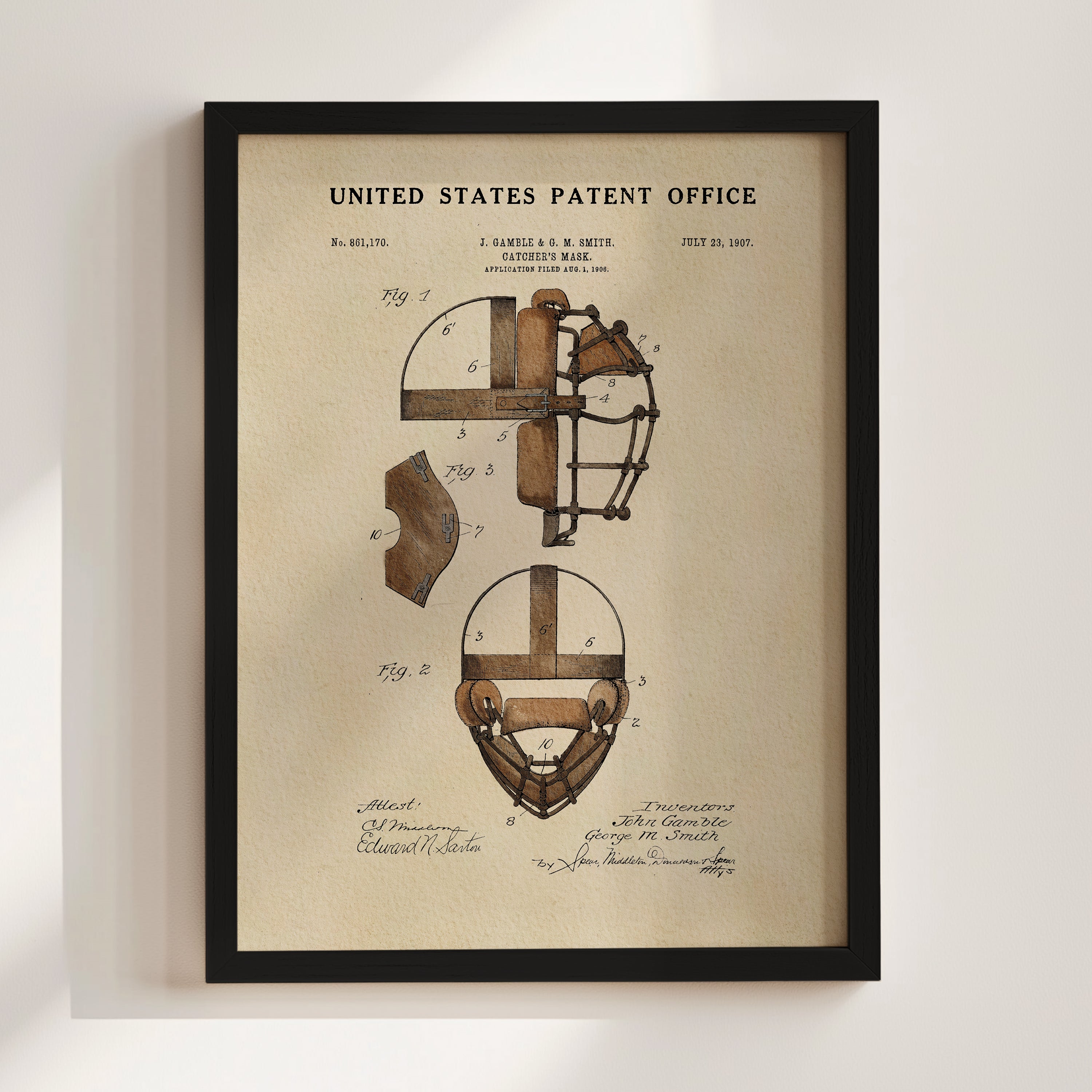 The image is a framed patent drawing depicting a baseball catcher's mask, with detailed technical drawings and annotations.