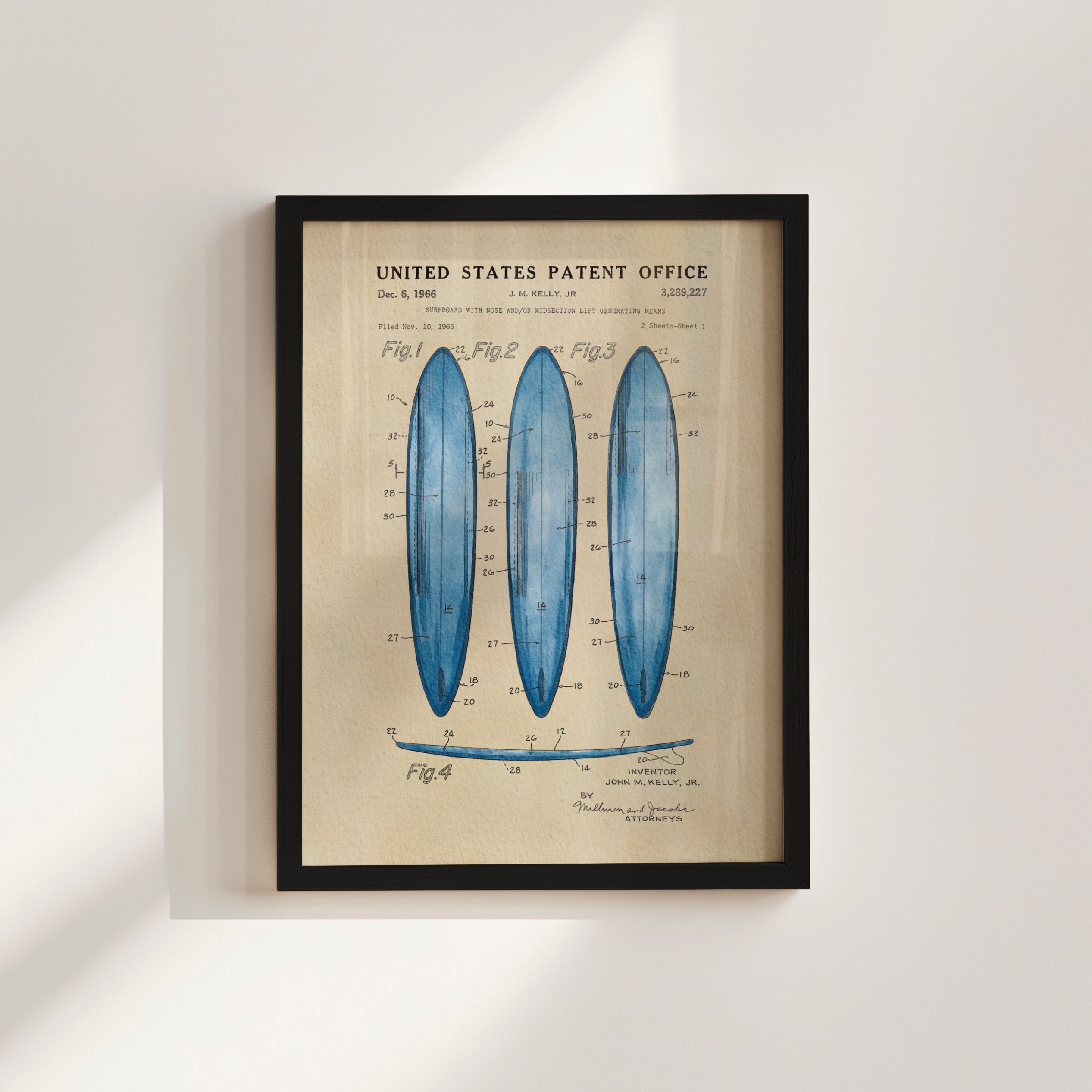 The image is a framed patent drawing depicting three blue surfboards with various technical drawings and labels.