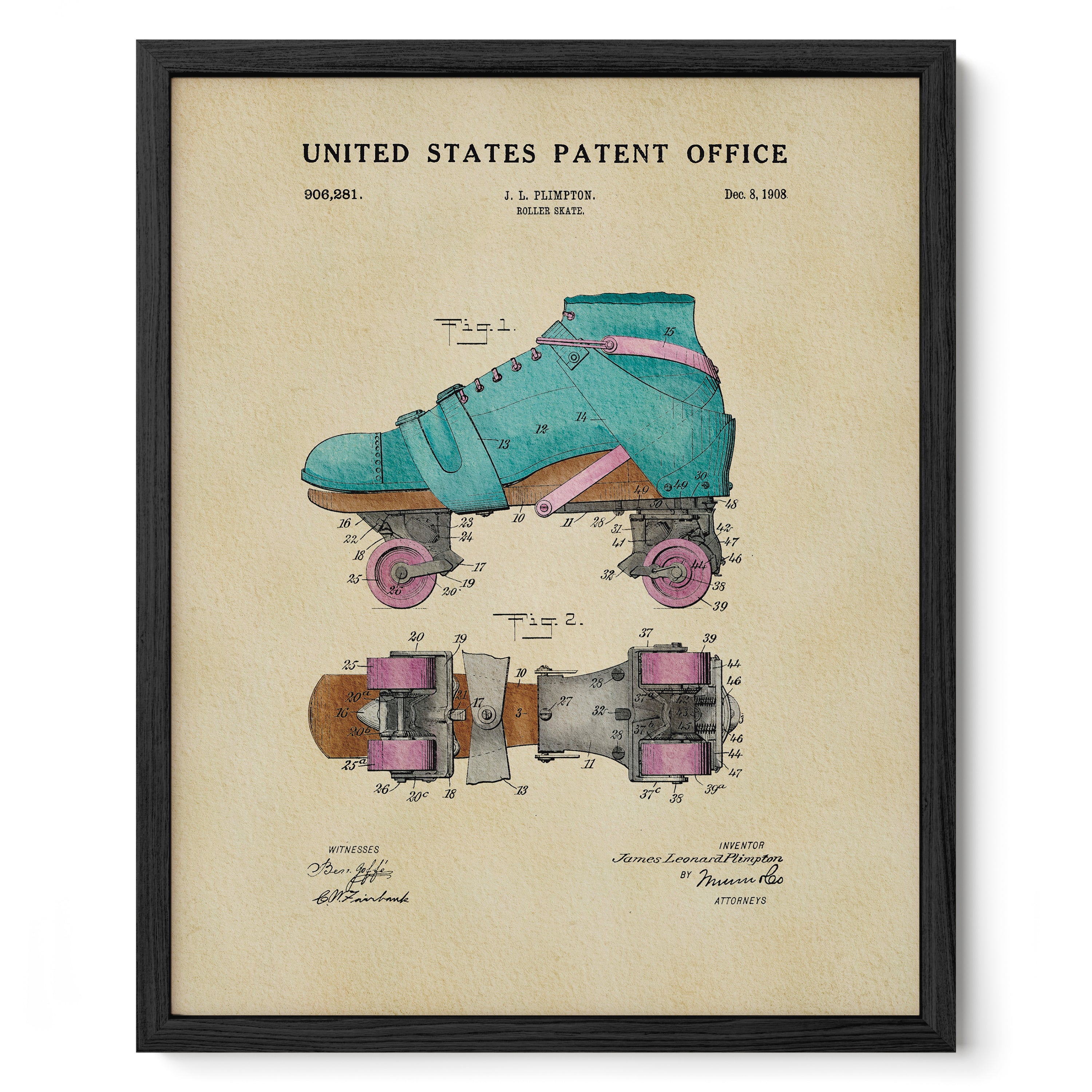 A framed vintage patent drawing of roller skates, depicting the design and features of the roller skate.