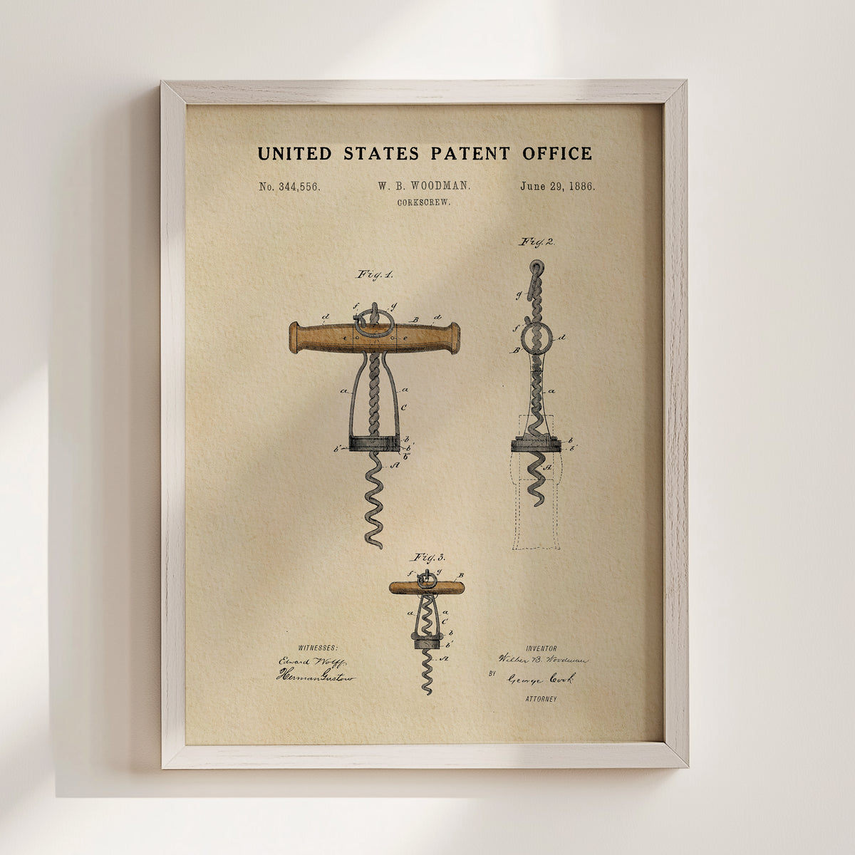 The image is a framed vintage patent drawing depicting a corkscrew, with the title "United States Patent Office" and the date "June 29, 1885" at the top.