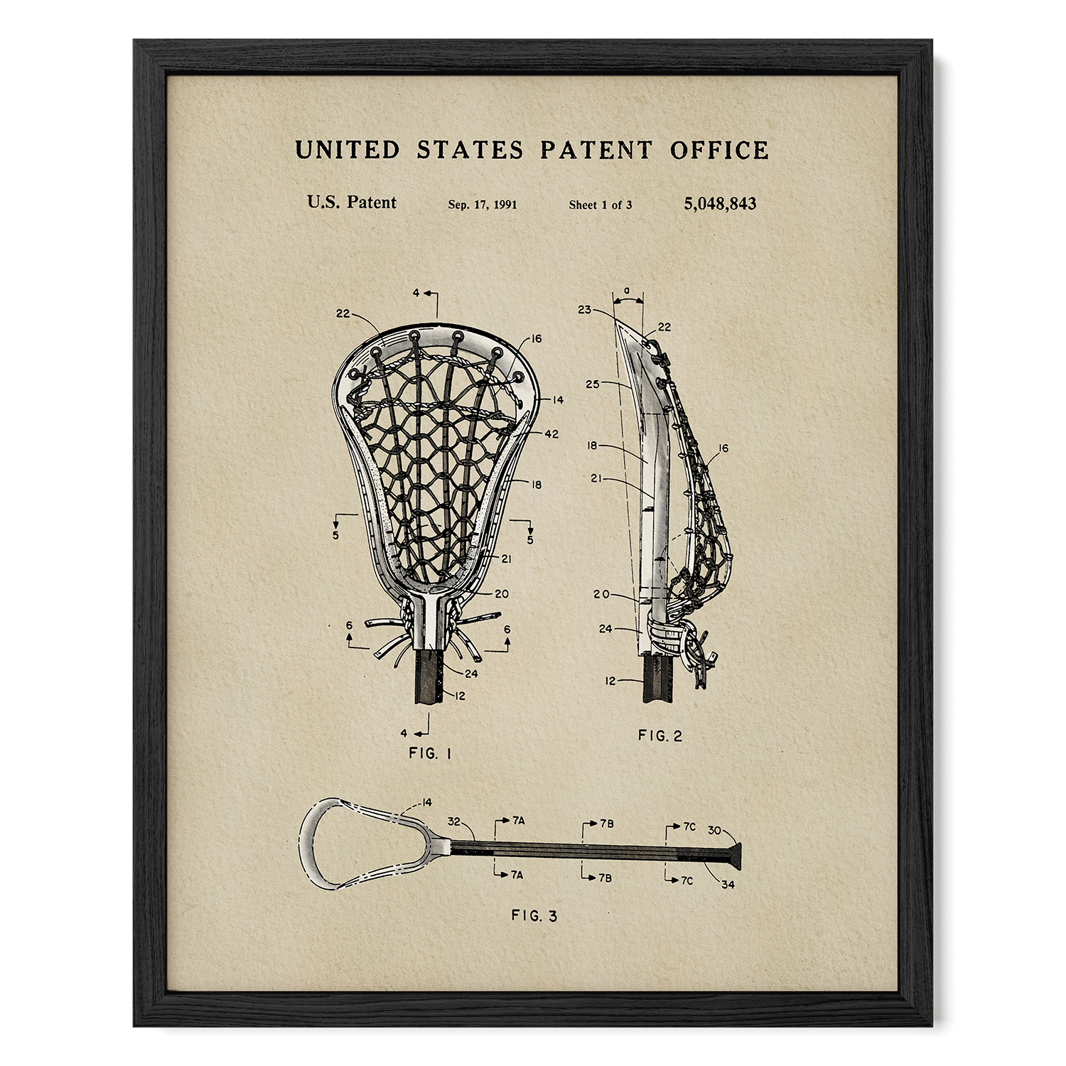 The image is a framed patent drawing of a lacrosse net, depicting the net and its components in a detailed manner.