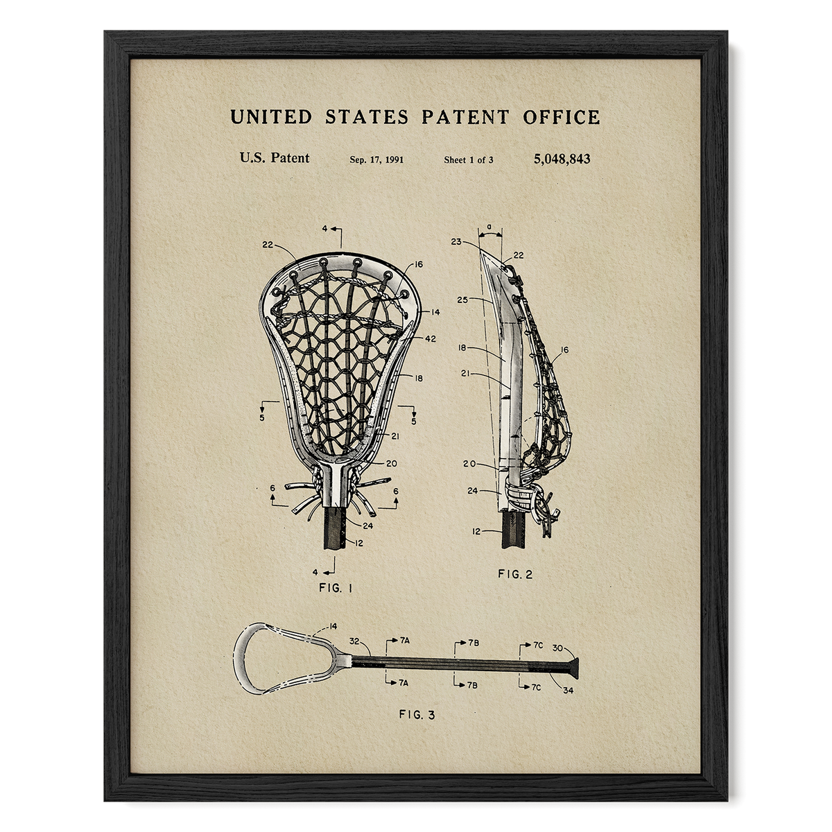 The image is a framed patent drawing of a lacrosse net, depicting the net and its components in a detailed manner.
