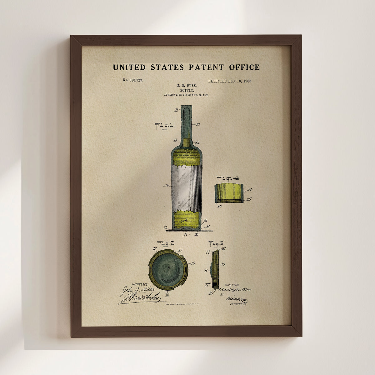 The image is a framed vintage patent drawing of a wine bottle, depicting the design and features of the bottle in a detailed manner.