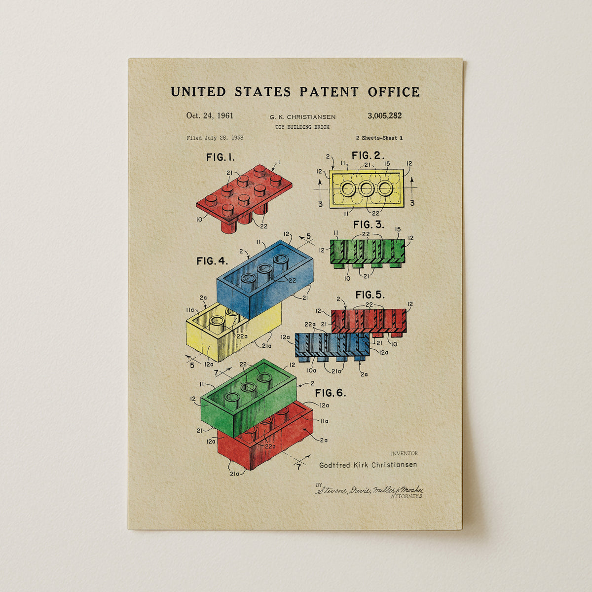 The image is a patent drawing from the United States Patent Office, depicting various Lego brick designs and their corresponding technical drawings.