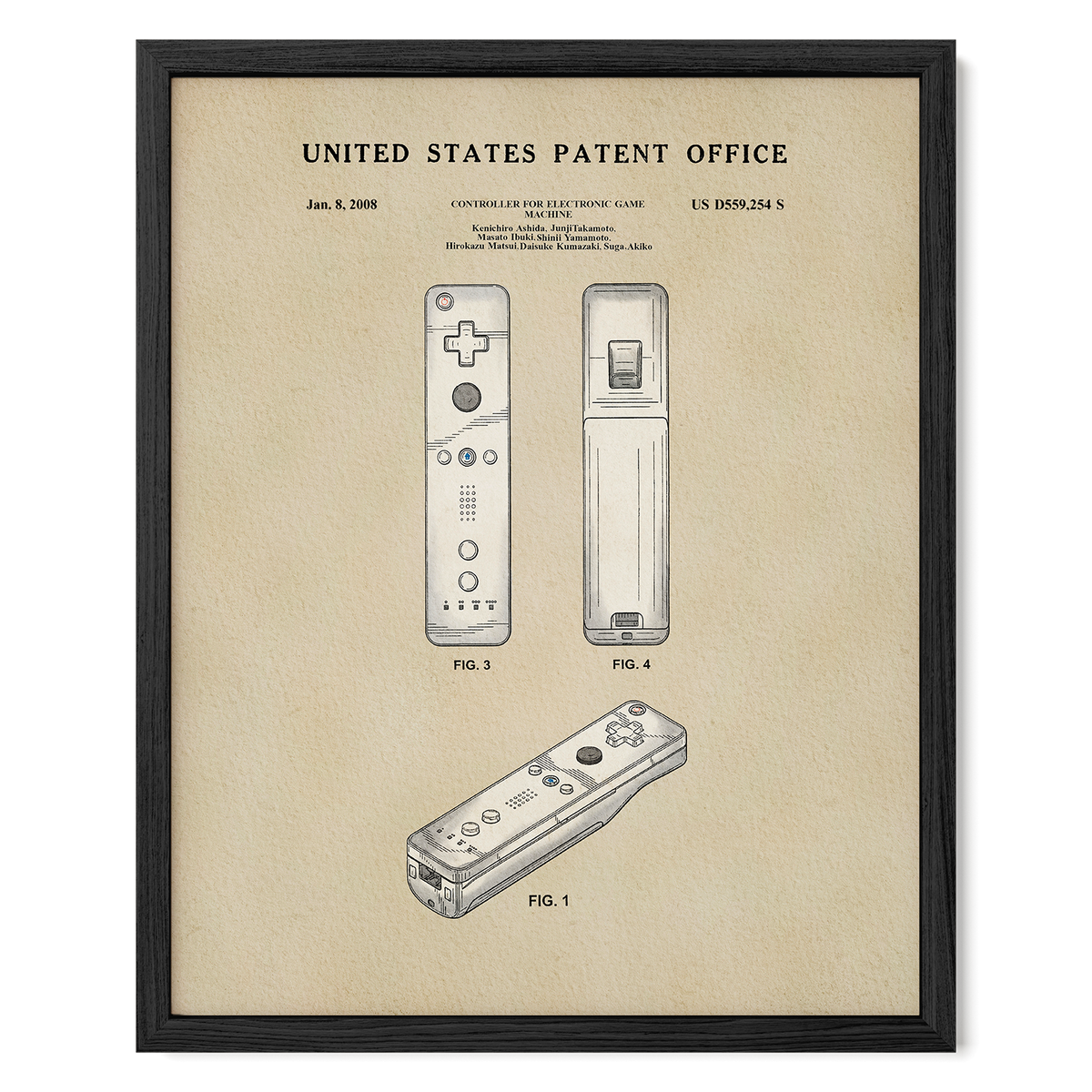 The image is a framed patent drawing depicting two Wii controllers, labeled as Fig. 3 and Fig. 4.