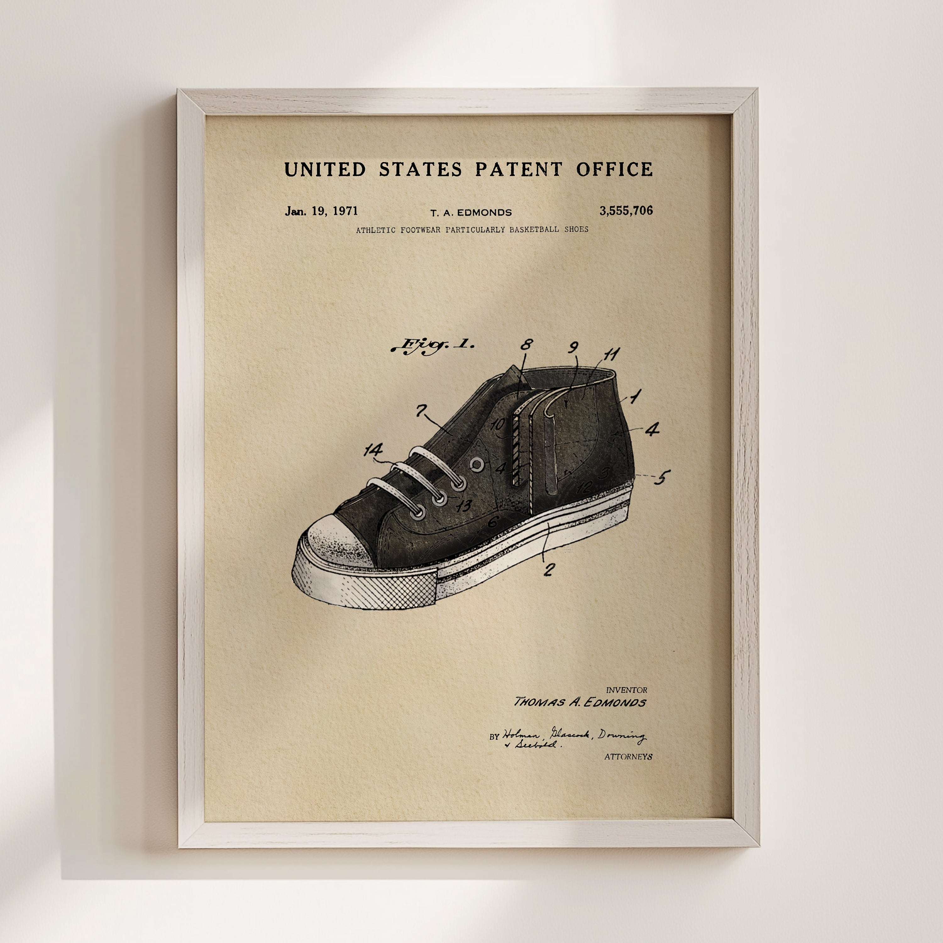 The image is a framed patent drawing of a shoe, depicting the design and features of the shoe.