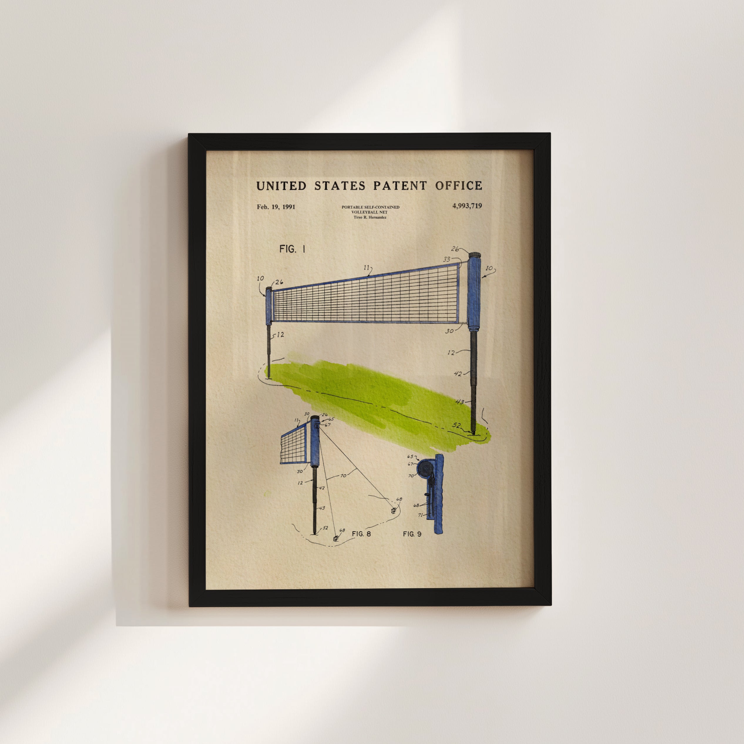 The image is a framed patent drawing of a volleyball net, depicting the net's design and structure.
