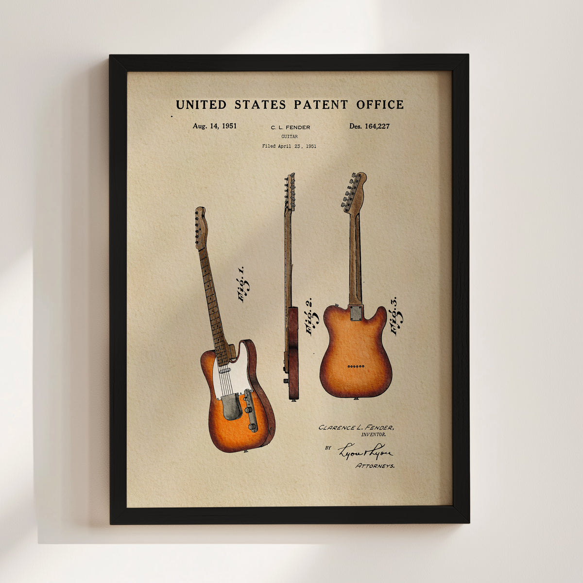 The image is a framed patent drawing of a guitar, depicting three different types of guitars with the United States Patent Office's patent filing date and description.