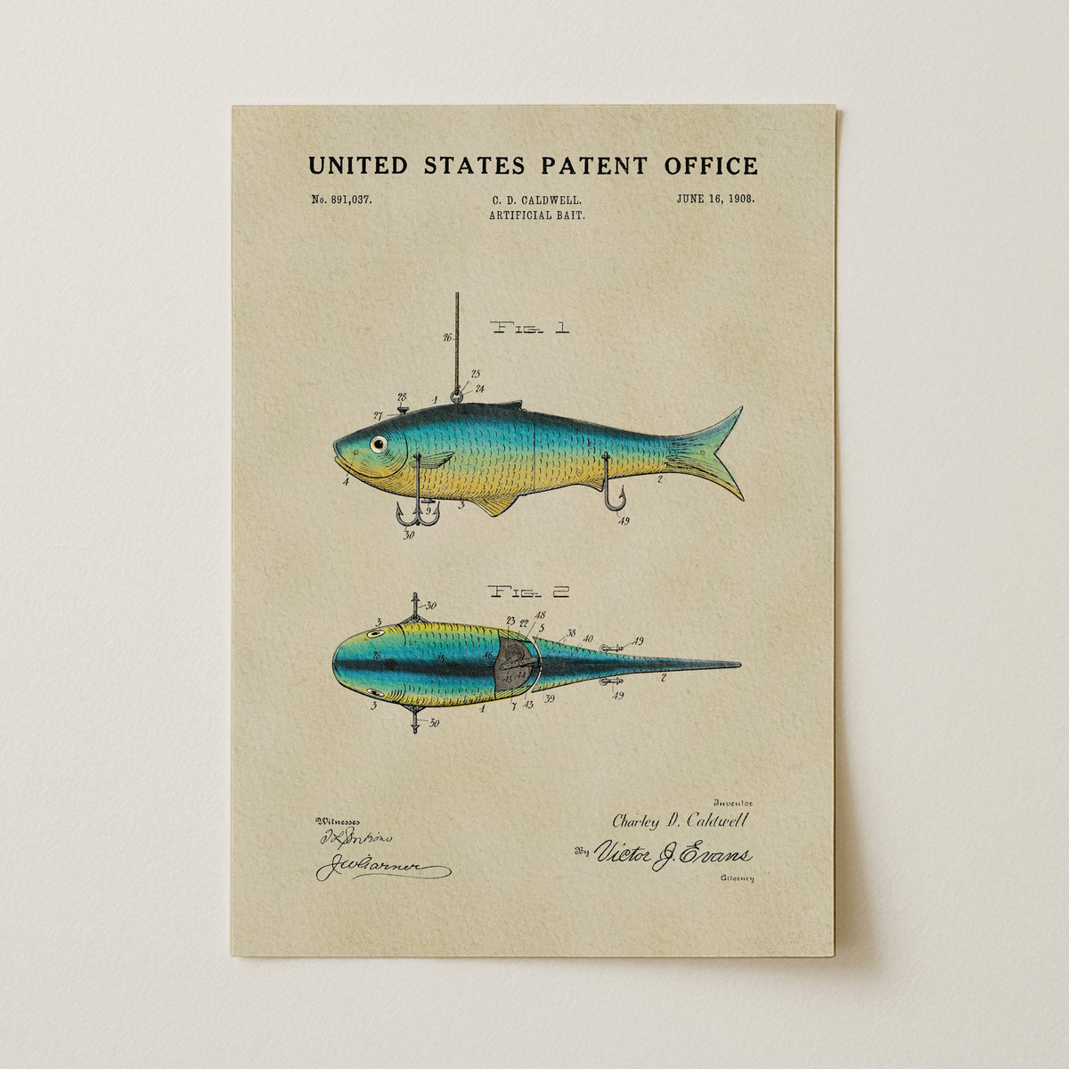 Artificial Bait (1908) patent art print